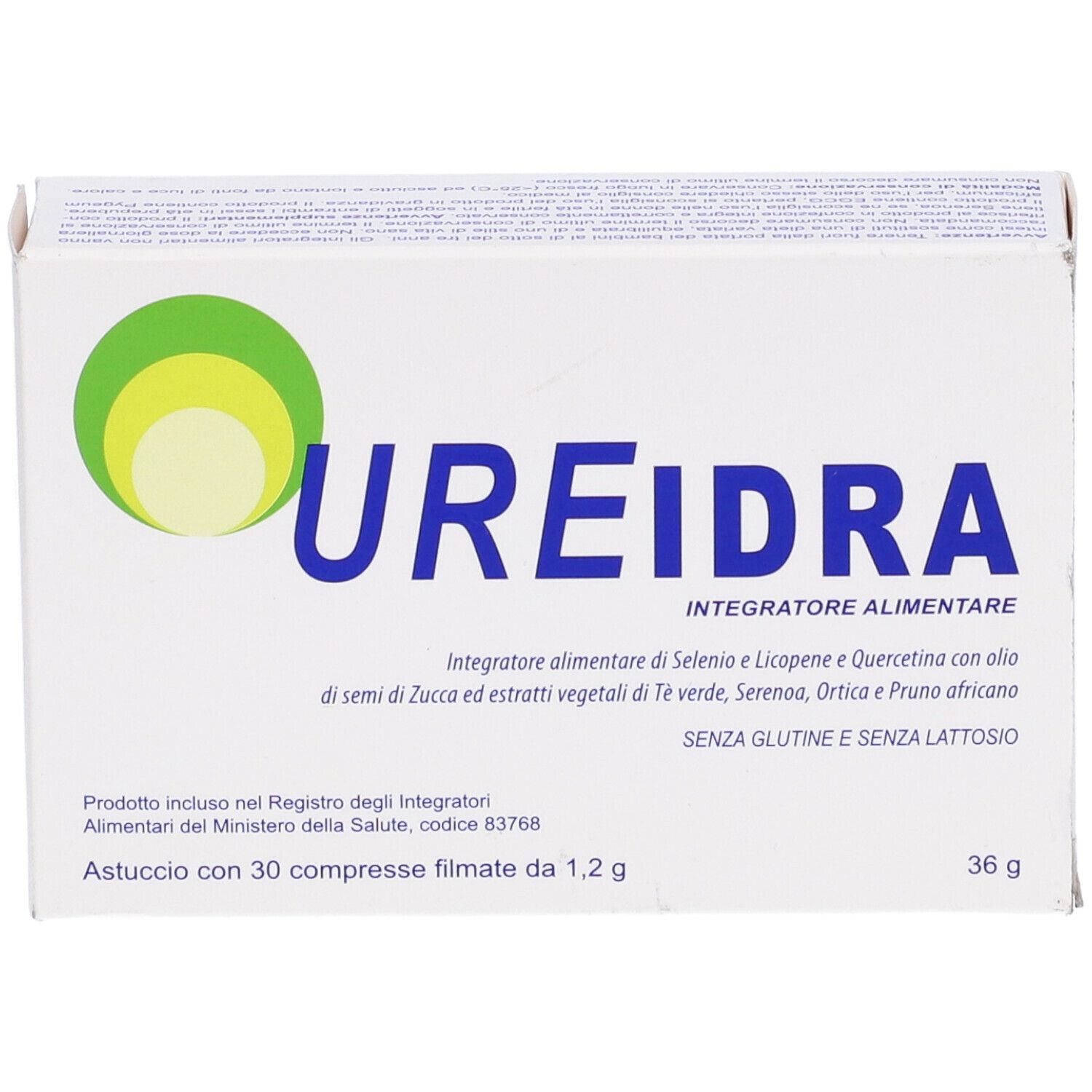 Scatola bianca con logo verde e scritta UREIDRA. Testo: Integratore Alimentare. Contiene 30 compresse filmate.