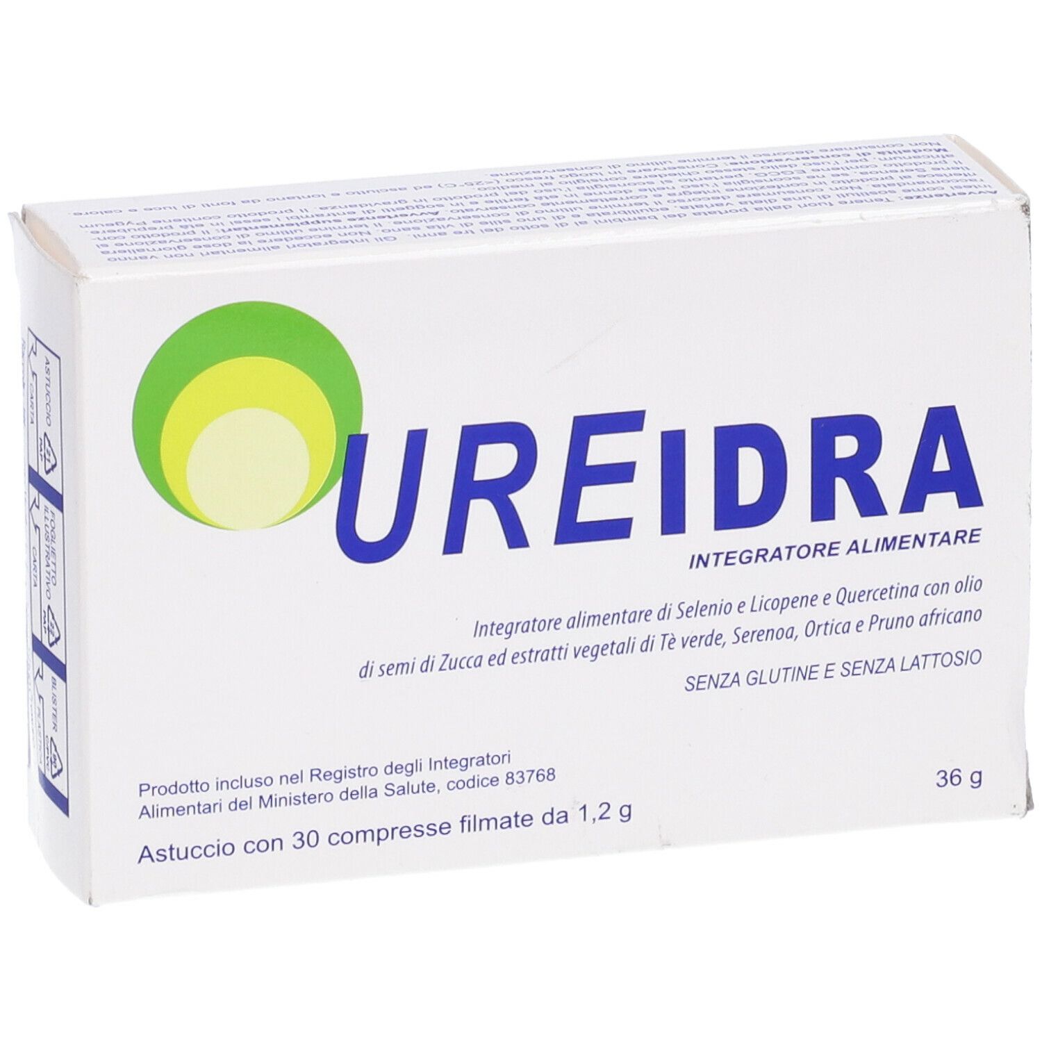 Scatola bianca con logo verde e scritta UREIDRA. Testo: Integratore Alimentare. Contiene 30 compresse filmate.