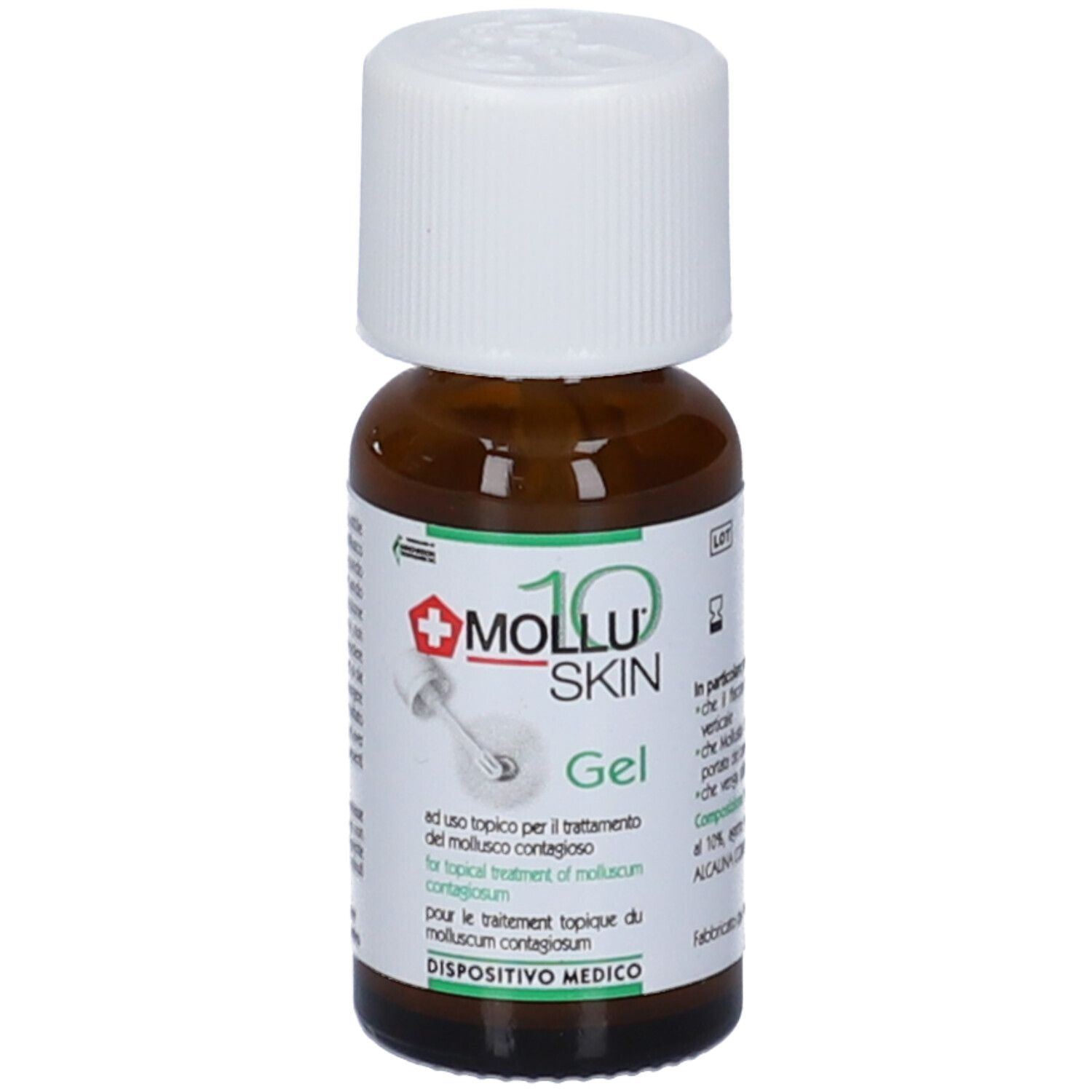 Flacone di vetro marrone con tappo bianco. Scritta: Mollu Skin 10 Gel. Con applicatore.