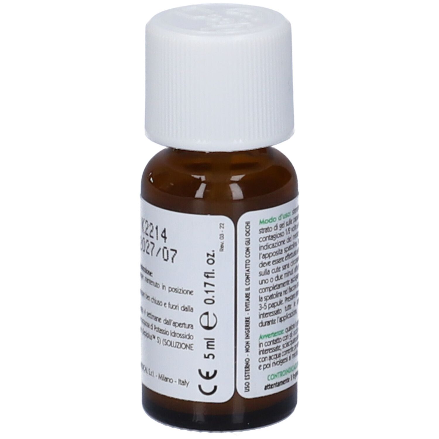 Flacone di vetro marrone con tappo bianco. Scritta: 5 ml, marchio CE. Data di scadenza e numero di lotto.