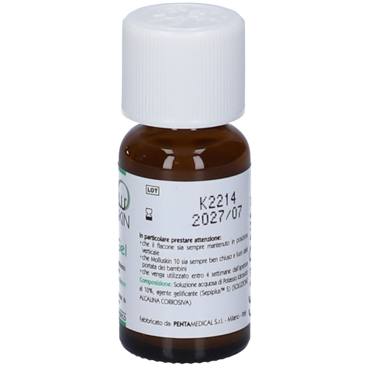 Flacone di vetro marrone con tappo bianco. Scritta: Mollu Skin 10 Gel. Numero di lotto e data di scadenza.