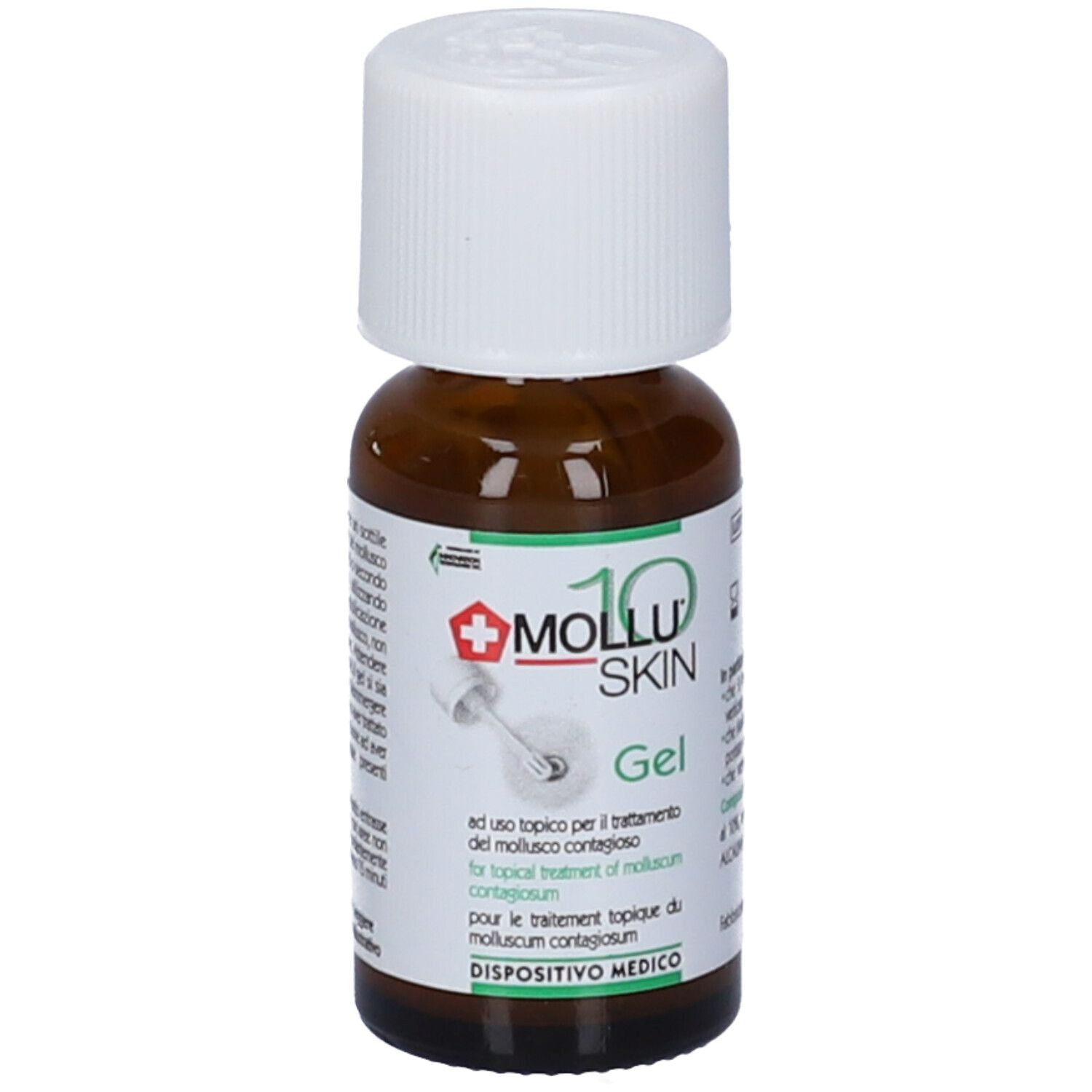 Flacone di vetro marrone con tappo bianco. Scritta: Mollu Skin 10 Gel. Con applicatore.