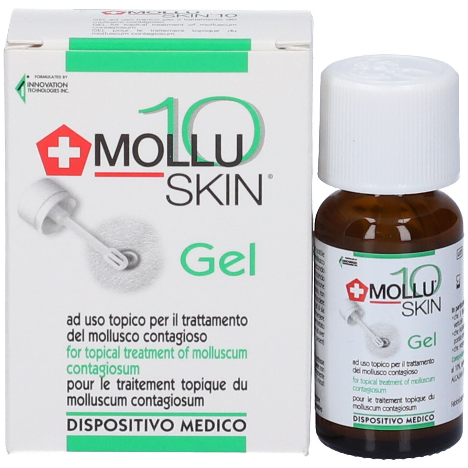 Confezione e flacone del prodotto. Scritta: Mollu Skin 10 Gel. Con applicatore.