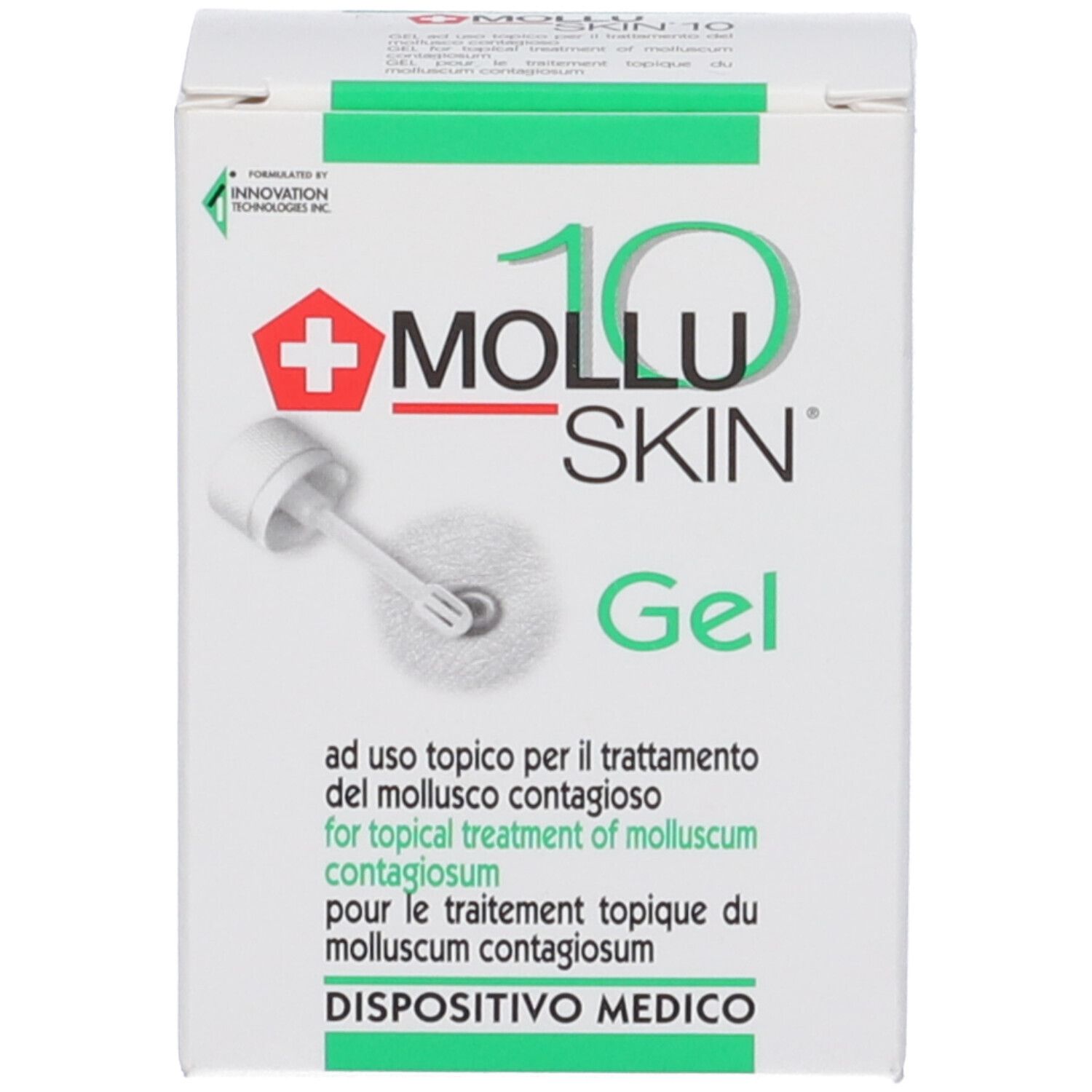 Confezione del prodotto. Scritta: Mollu Skin 10 Gel. Con applicatore.