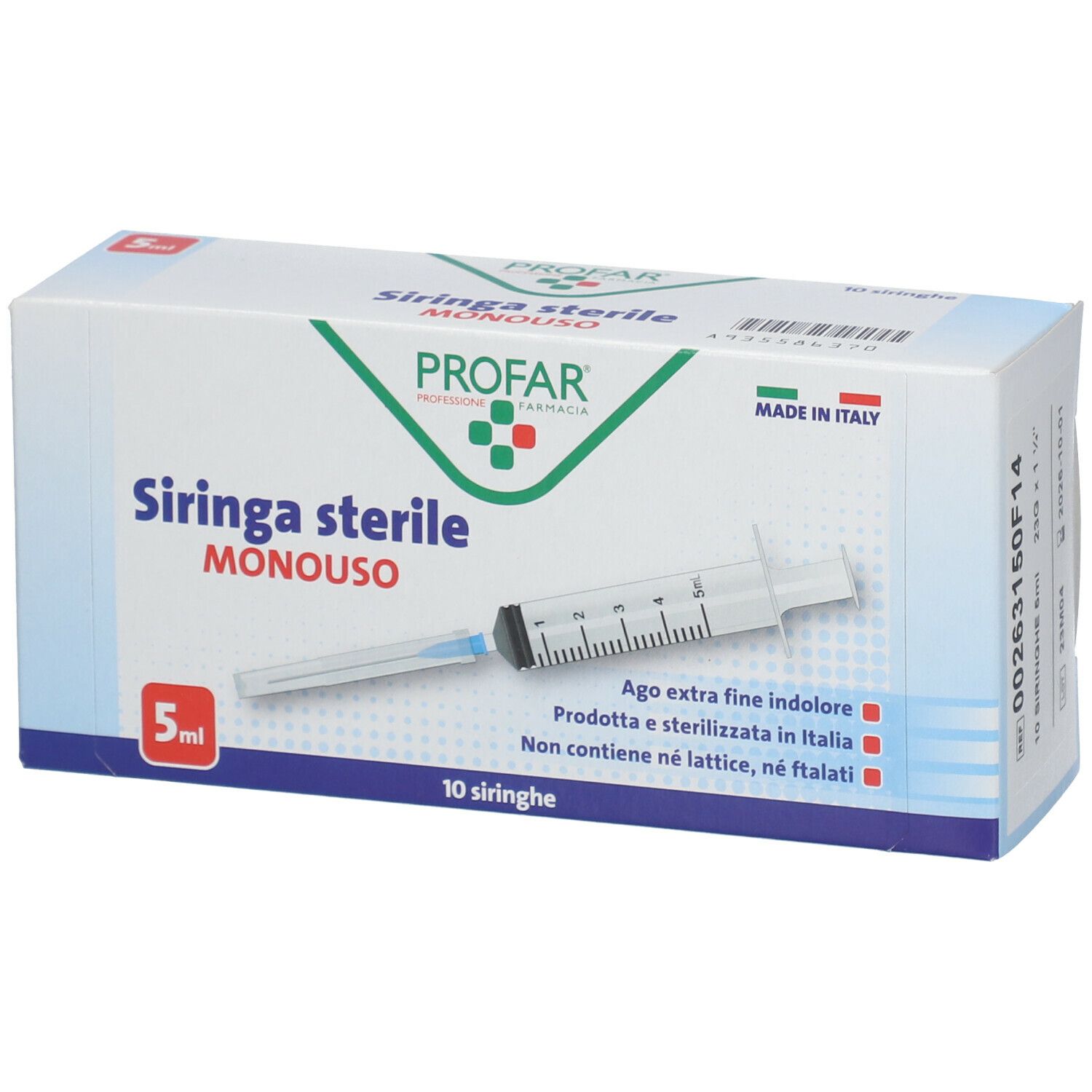 Confezione di siringhe PROFAR 5 ml sterili monouso. Contiene 10 siringhe. Prodotto in Italia.