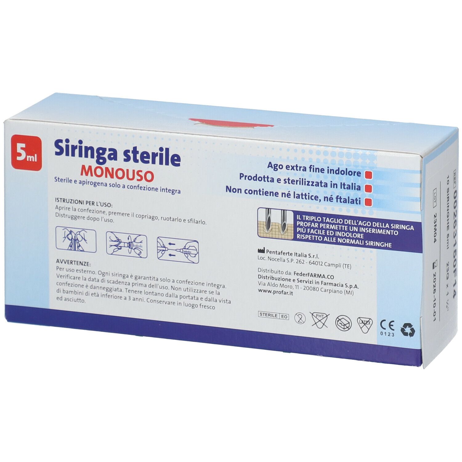 Confezione di siringhe PROFAR 5 ml sterili monouso. Istruzioni e avvertenze.