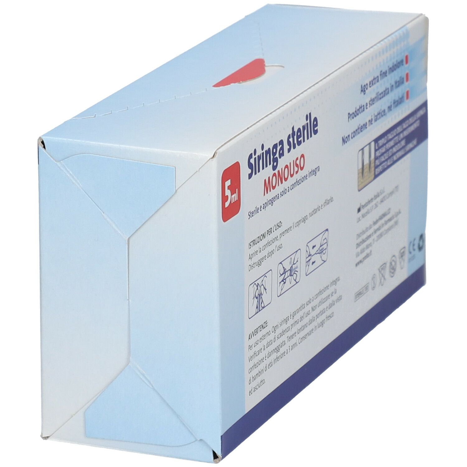 Confezione di siringhe, vista obliqua. Scritta: PROFAR, Siringa sterile monouso 5 ml. Informazioni sulla confezione.