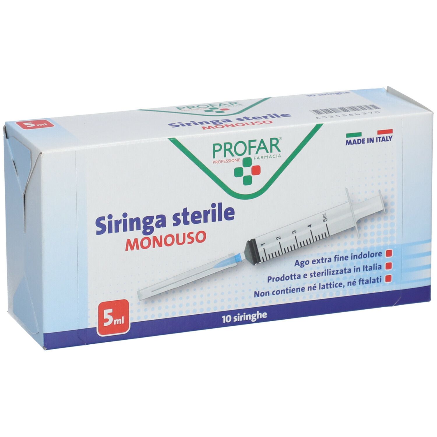 Confezione di siringhe PROFAR 5 ml sterili monouso. Contiene 10 siringhe. Prodotto in Italia.