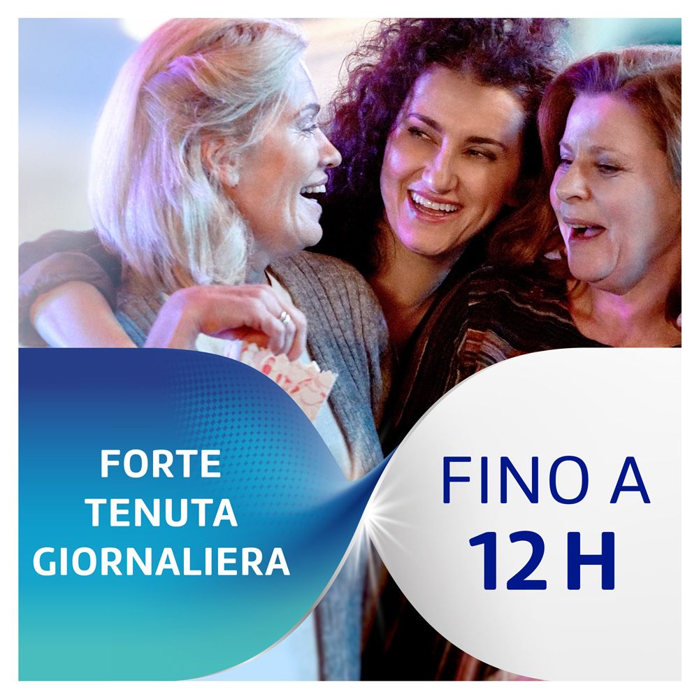 Drei lachende Frauen.  Aufschrift: Bis zu 12 Stunden Halt.  Feste tägliche Haftung.