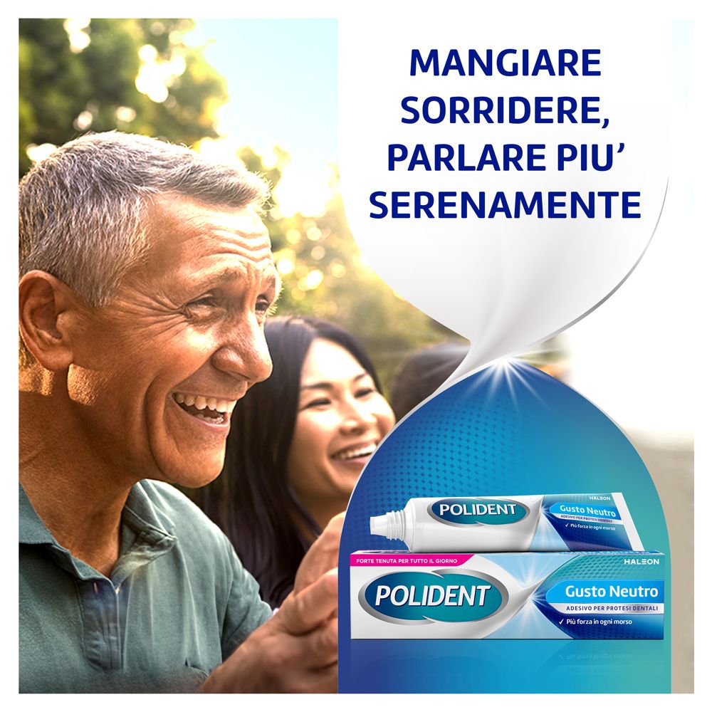 Ein lächelndes Paar.  Zwei Polident-Tuben. Aufschrift: GUSTO NEUTRO.  Adhäsiv für Zahnprothesen.