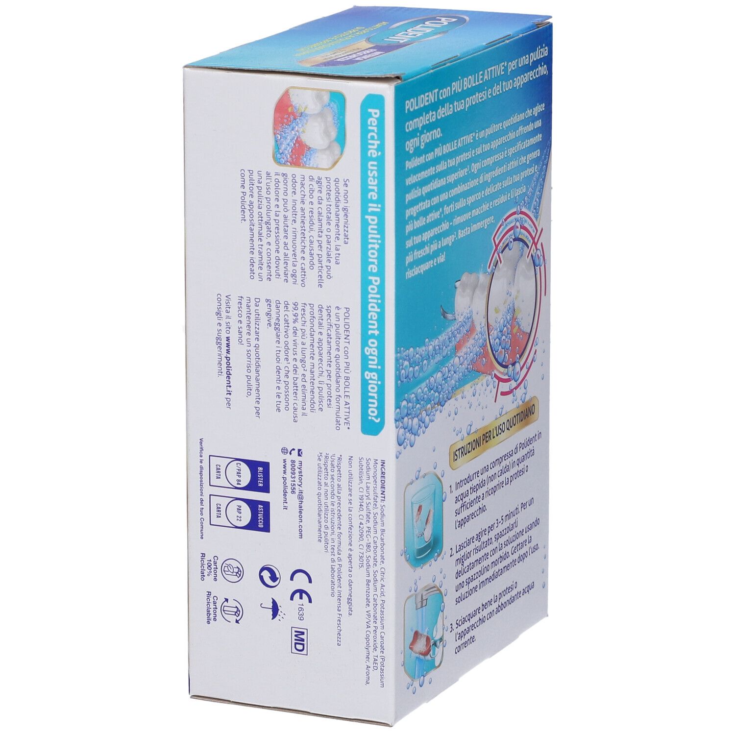 Polident Intensa Freschezza: Seitenansicht der Verpackung mit CE-Kennzeichnung und weiteren Symbolen.