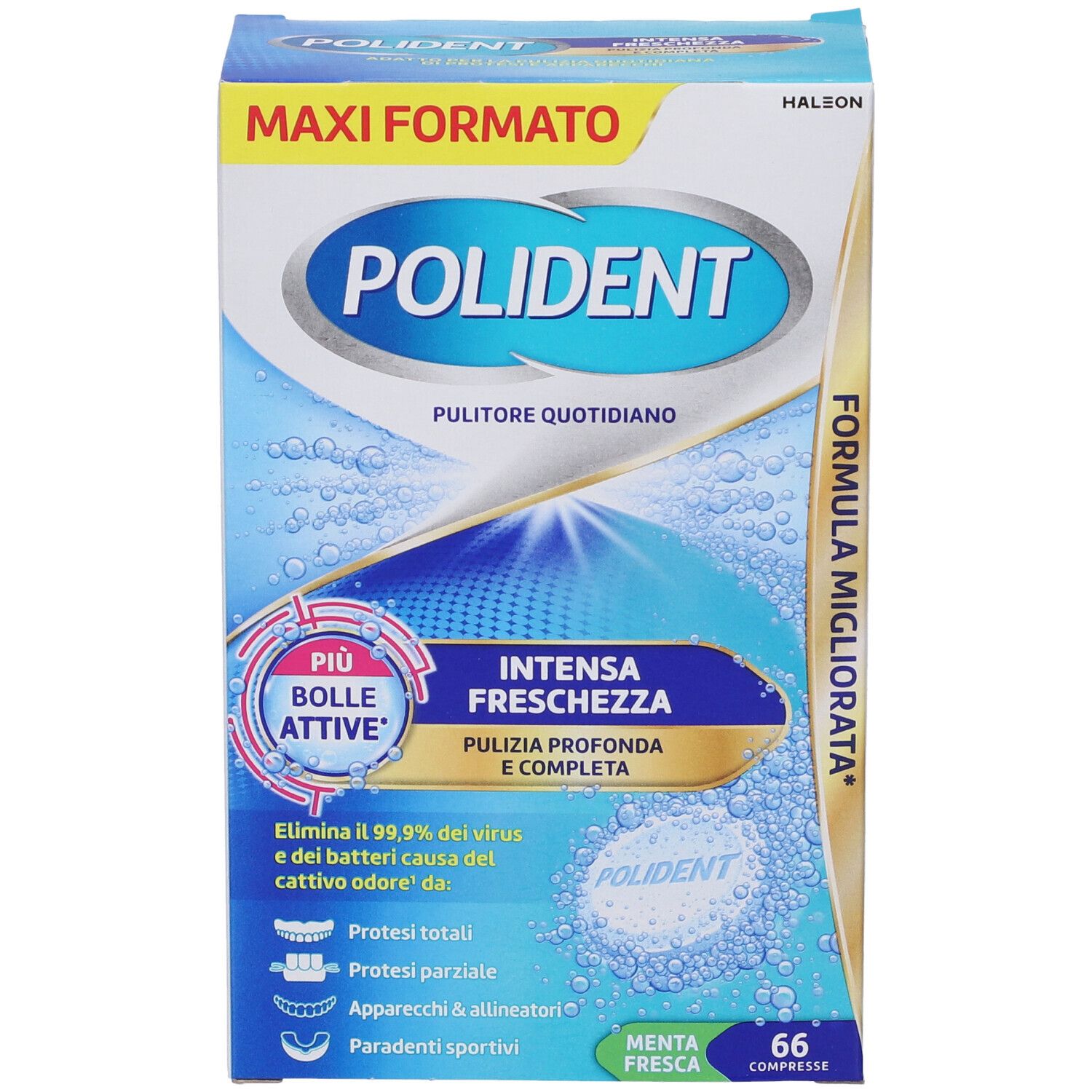 Polident Intensa Freschezza: Vorderseite der Verpackung mit Produktlogo und Frische-Effekt-Darstellung.