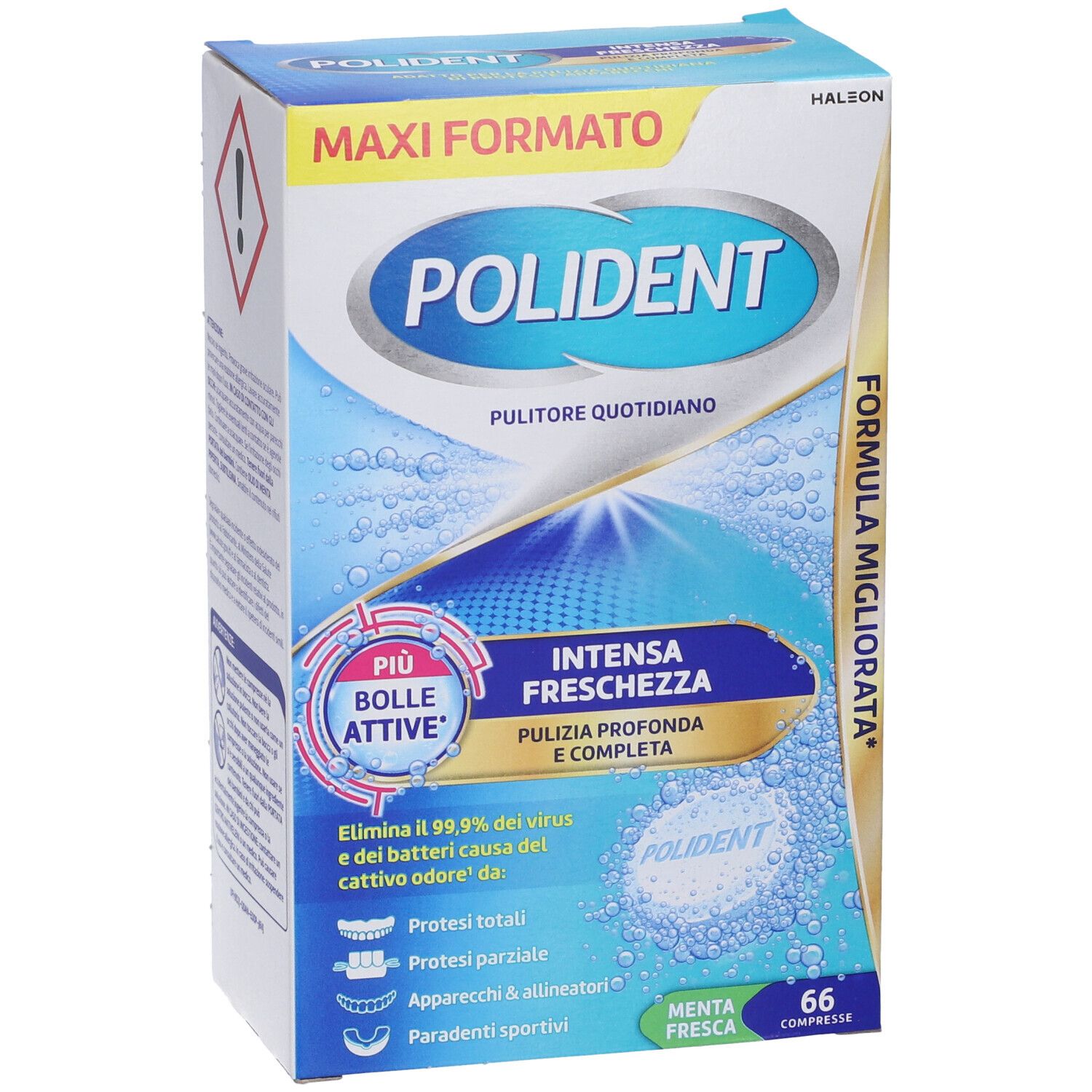 Polident Intensa Freschezza: Vorderseite der Verpackung, Maxi-Format, 66 Reinigungstabletten.