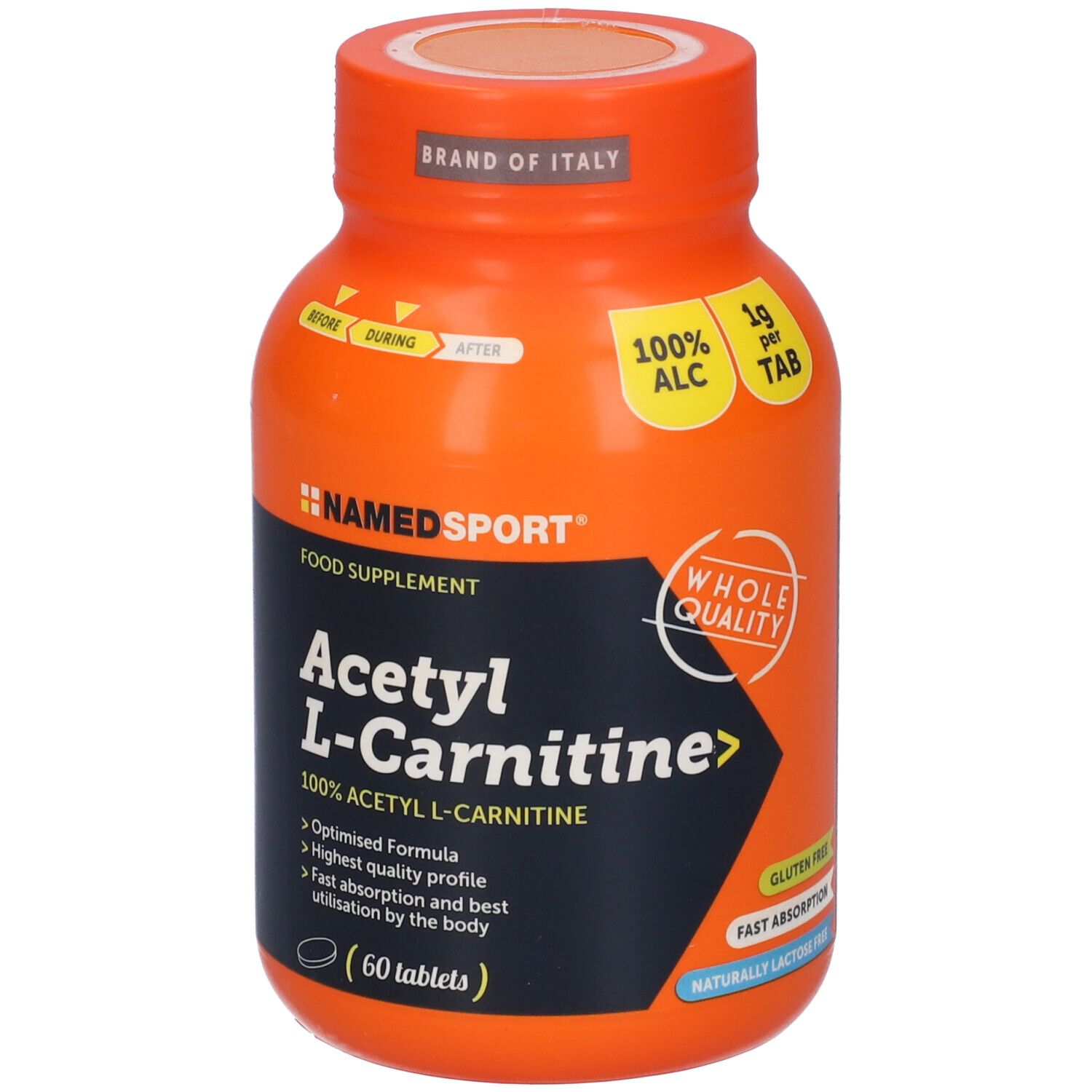 Orangefarbene Flasche NAMEDSPORT® Acetyl L-Carnitin. Aufschrift: 100% ALC, 1g pro Tablette, glutenfrei.