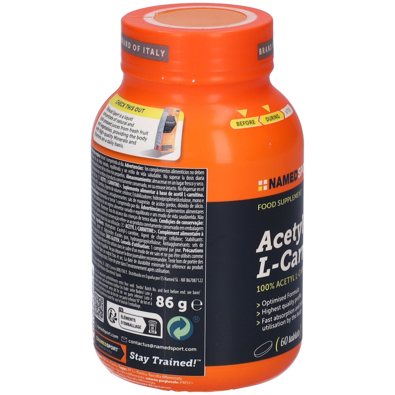 Rückseite der orangefarbenen Flasche NAMEDSPORT® Acetyl L-Carnitin. Text und Informationen zum Produkt.