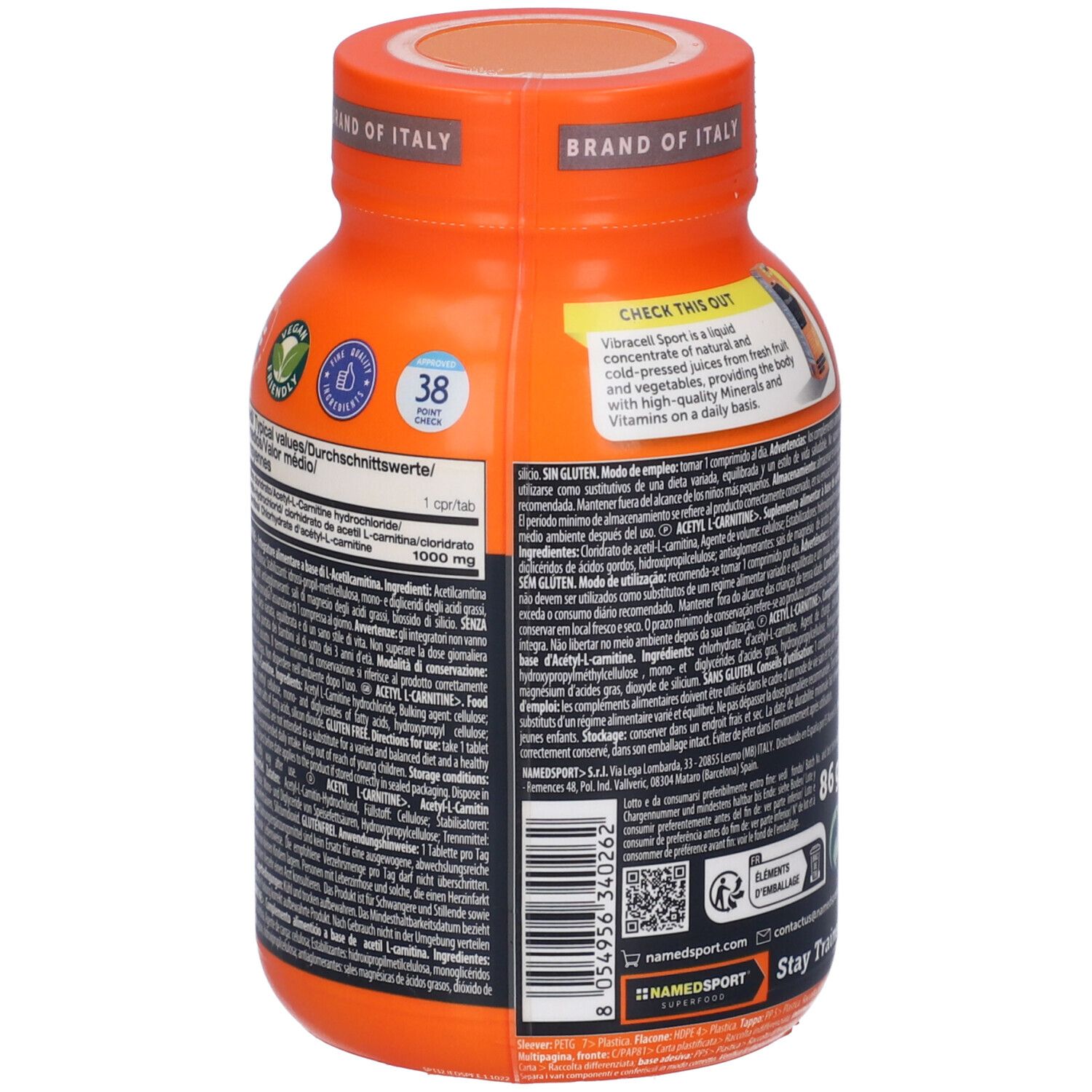 Rückseite der orangefarbenen Flasche NAMEDSPORT® Acetyl L-Carnitin. Text, Inhaltsstoffe und Zertifizierungen.