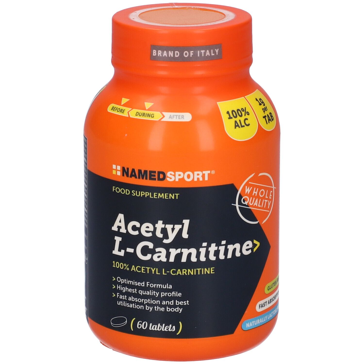 Orangefarbene Flasche NAMEDSPORT® Acetyl L-Carnitin. Aufschrift: 100% ALC, 1g pro Tablette, glutenfrei.