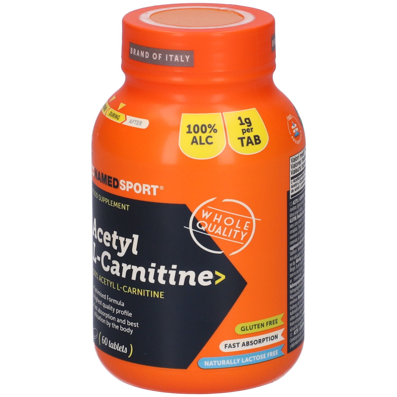 Orangefarbene Flasche NAMEDSPORT® Acetyl L-Carnitin. Aufschrift: 100% ALC, 1g pro Tablette, glutenfrei, laktosefrei.