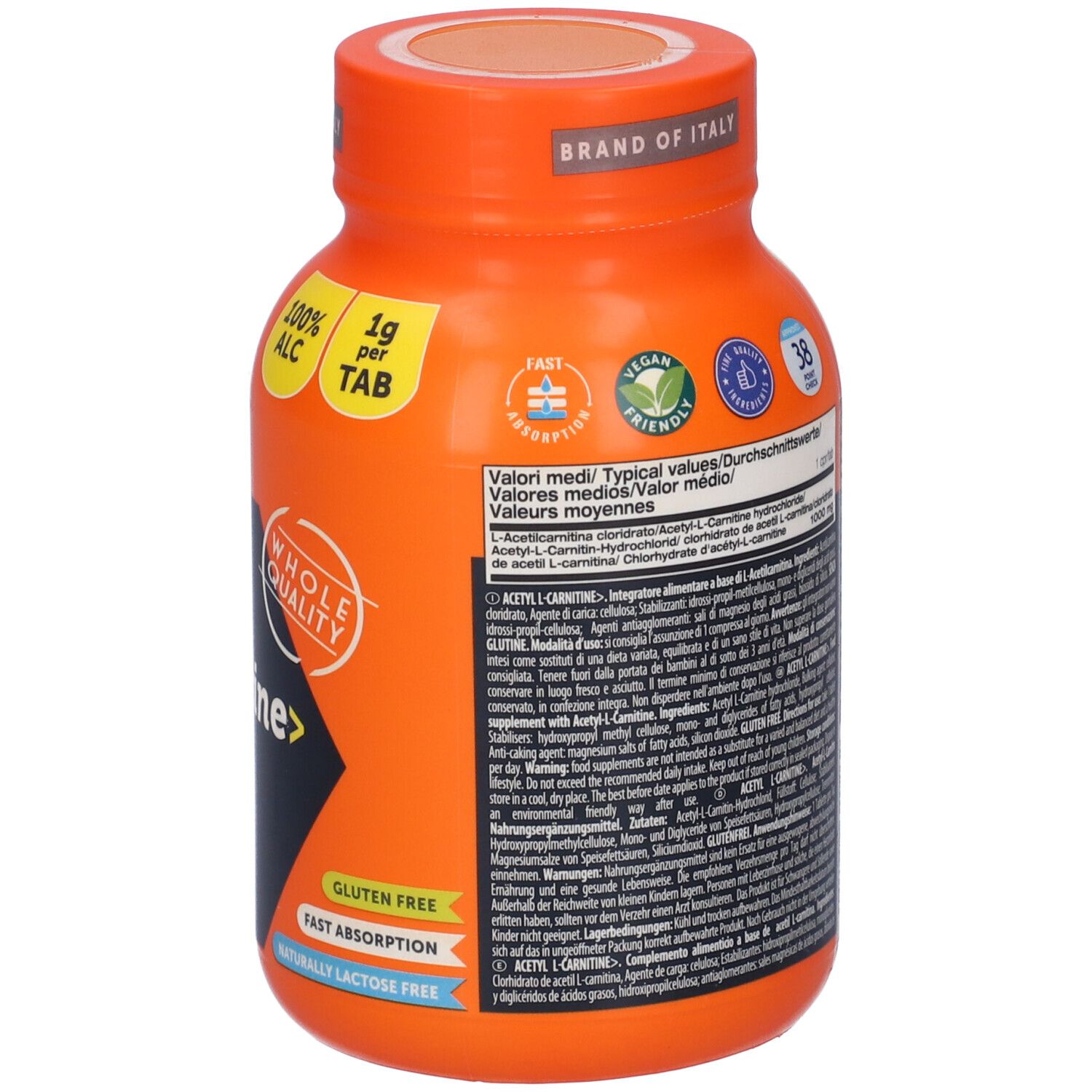 Rückseite der orangefarbenen Flasche NAMEDSPORT® Acetyl L-Carnitin. Text, Inhaltsstoffe, Zertifizierungen.