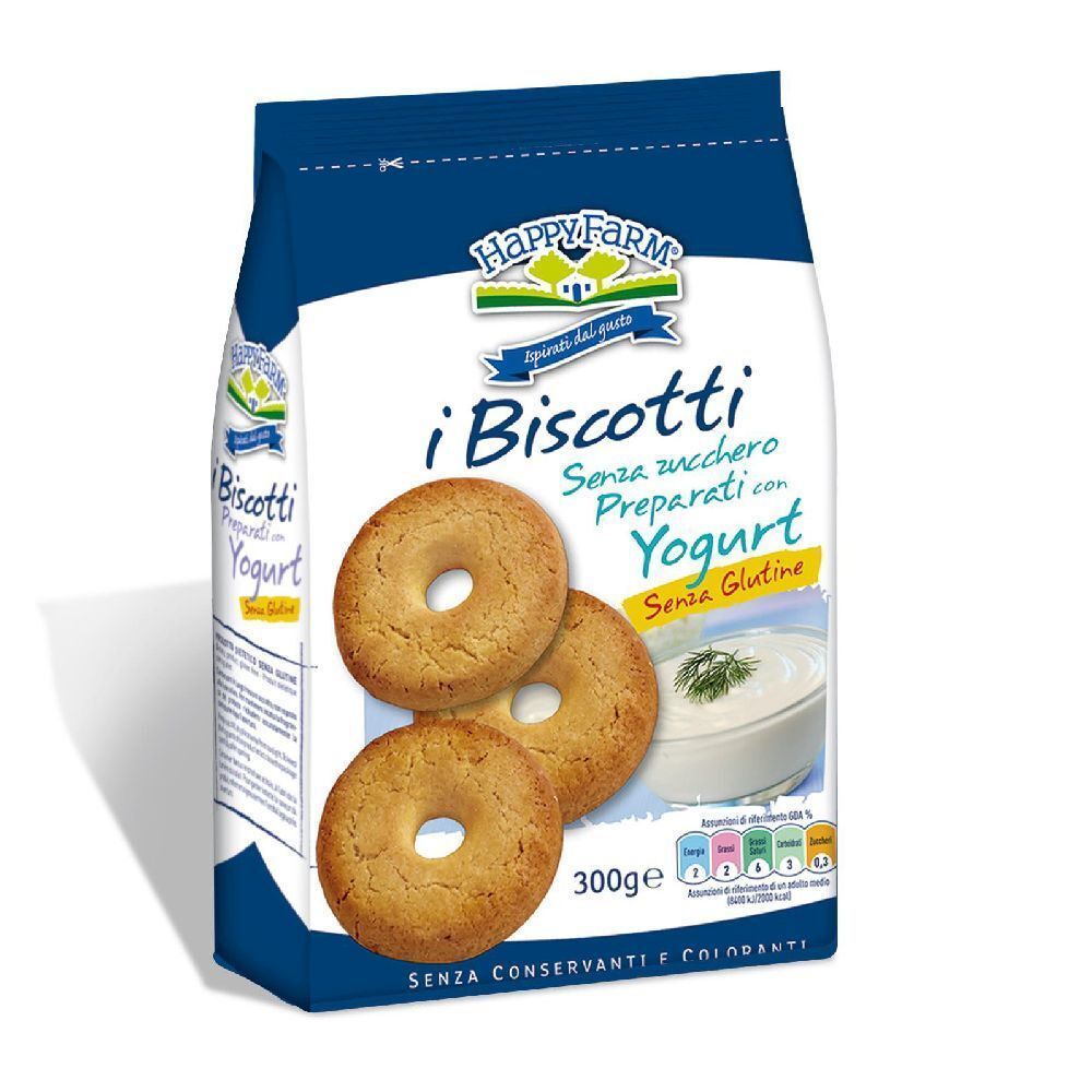 Confezione di biscotti. Scritta: i Biscotti, Senza Zucchero, Preparati con Yogurt, Senza Glutine. 300g.