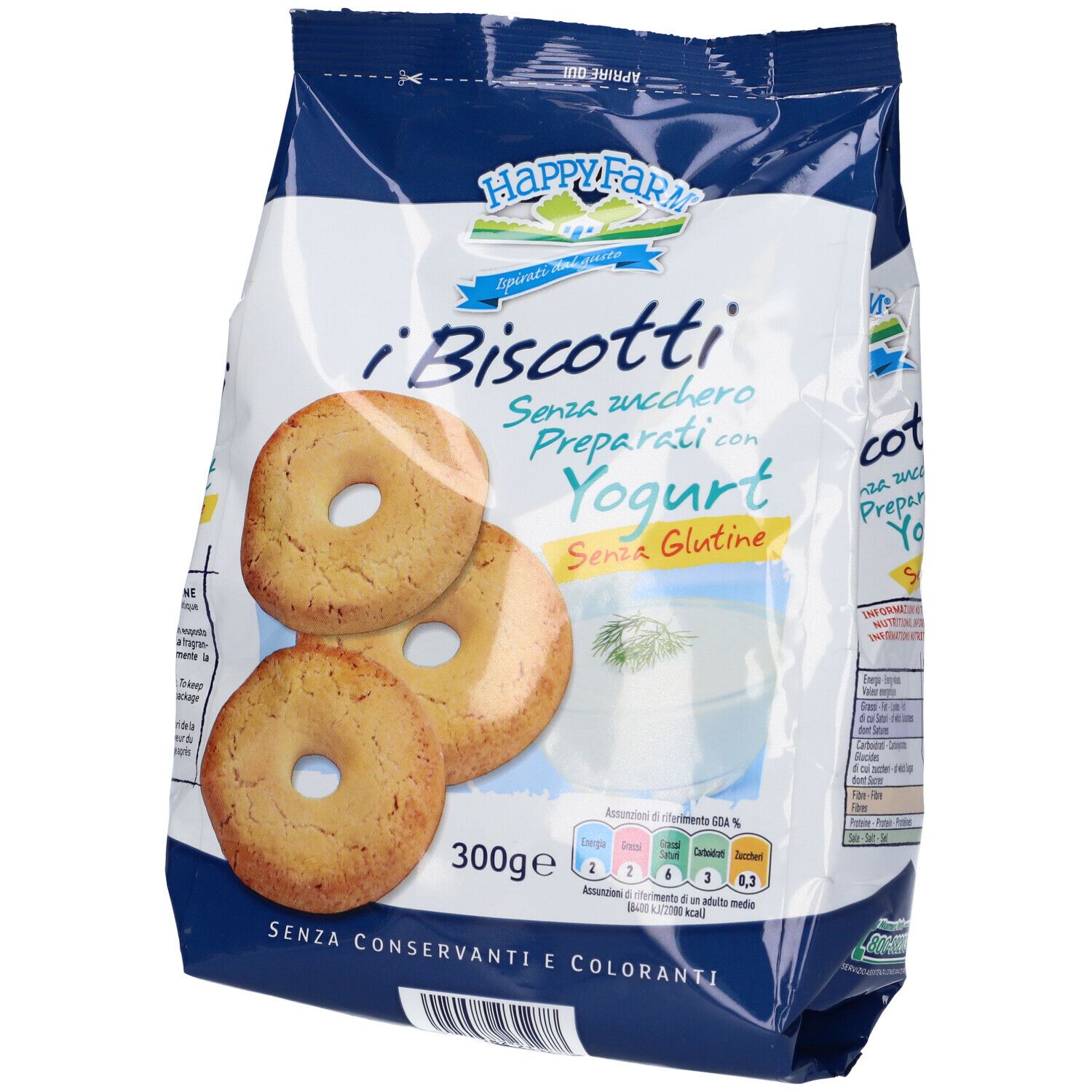 Confezione di biscotti. Scritta: i Biscotti, Senza Zucchero, Preparati con Yogurt, Senza Glutine. 300g.