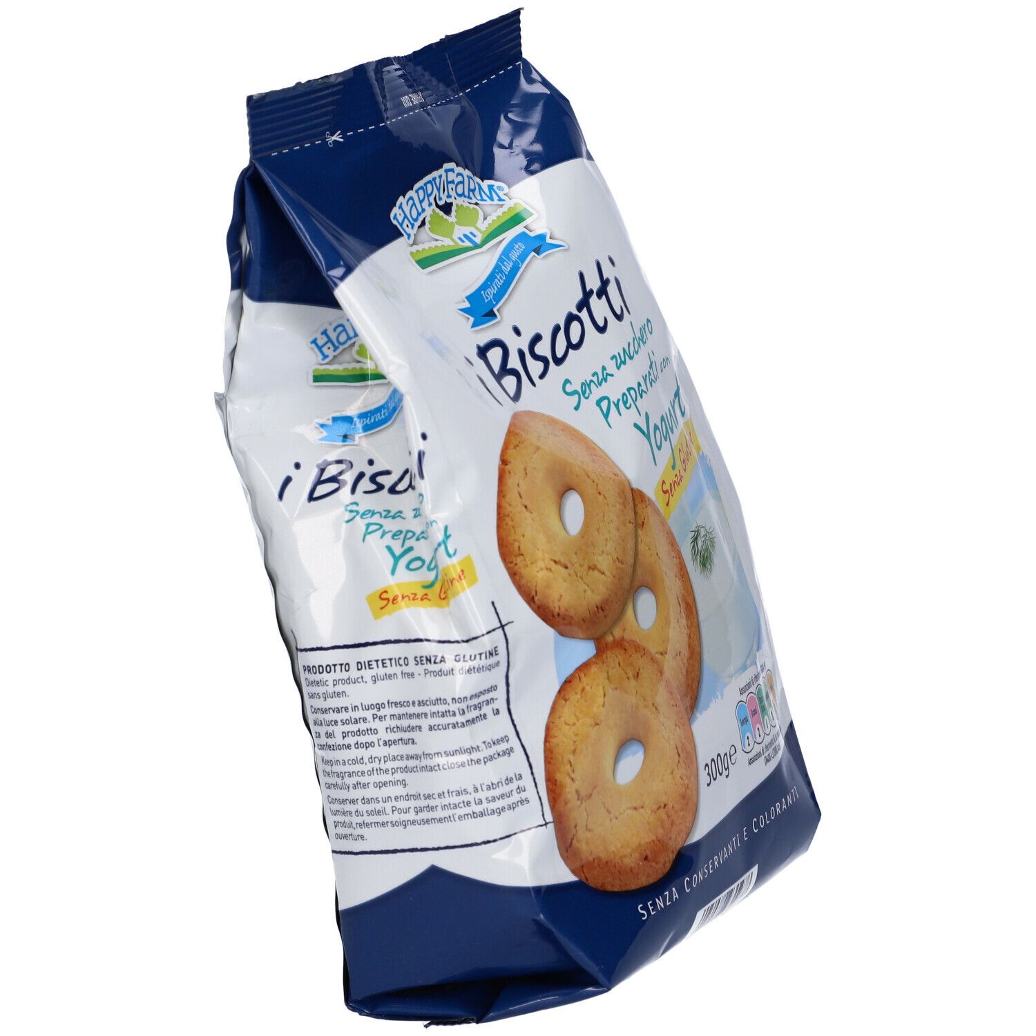 Confezione di biscotti. Scritta: i Biscotti, Senza Zucchero, Preparati con Yogurt, Senza Glutine. 300g.