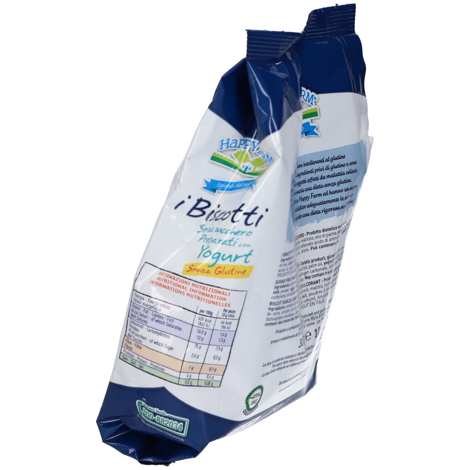 Confezione di biscotti. Scritta: i Biscotti, Senza Zucchero, Preparati con Yogurt, Senza Glutine. 300g.