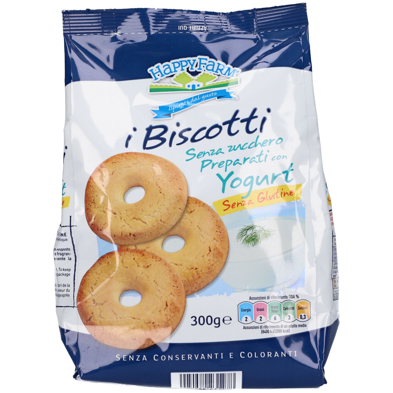 Confezione di biscotti. Scritta: i Biscotti, Senza Zucchero, Preparati con Yogurt, Senza Glutine. 300g.