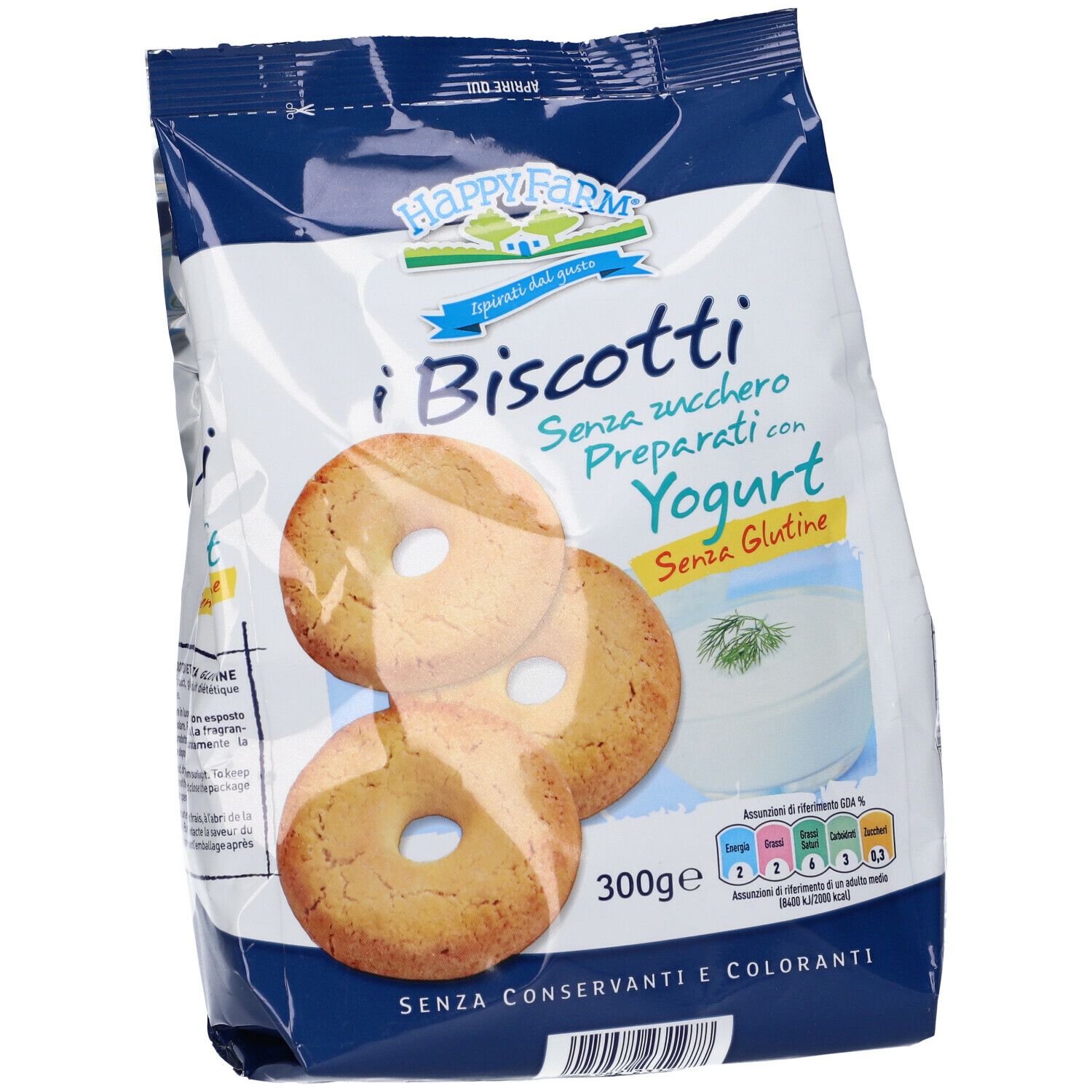 Confezione di biscotti. Scritta: i Biscotti, Senza Zucchero, Preparati con Yogurt, Senza Glutine. 300g.