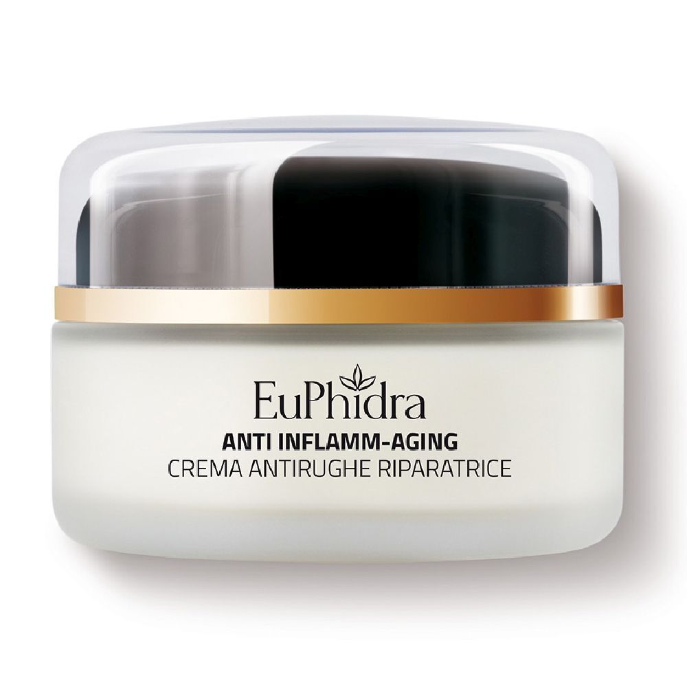 Vaso di crema con coperchio trasparente. Scritta: Euphidra, Anti Inflamm-Aging, Crema antirughe riparatrice.