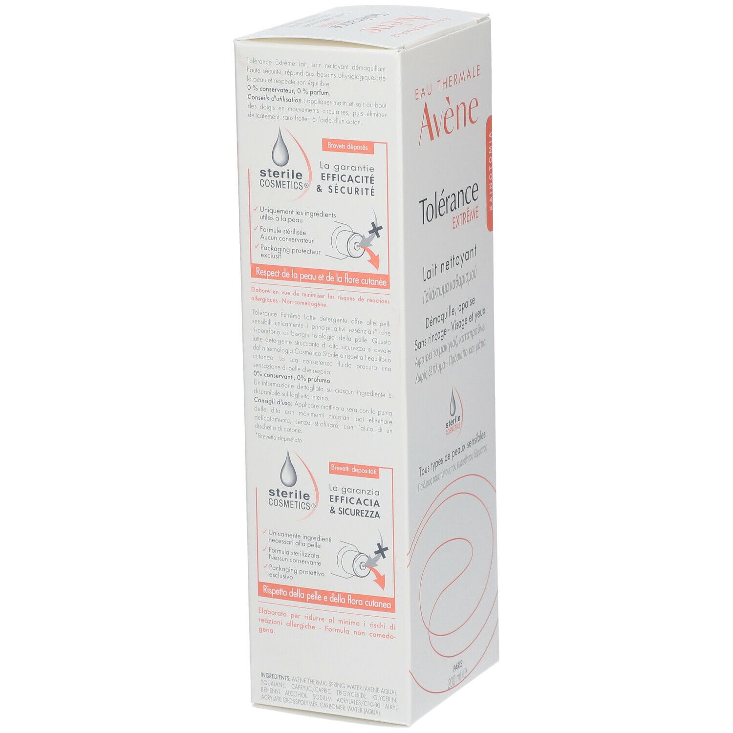 Kartonverpackung mit Avène Tolérance Extrême Reinigungsmilch. Details und Zertifizierungen.
