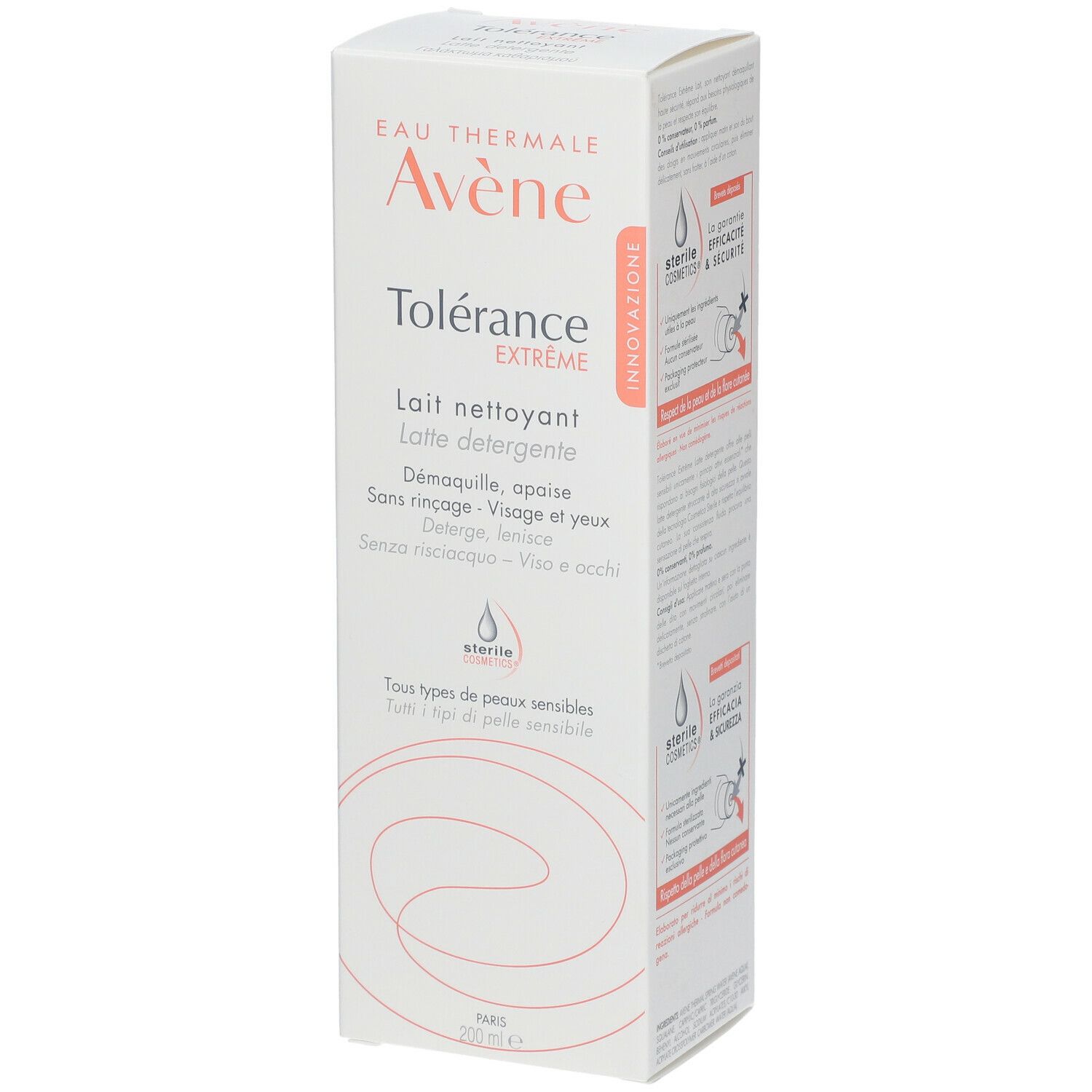Kartonverpackung mit Avène Tolérance Extrême Reinigungsmilch. Details und Zertifizierungen.
