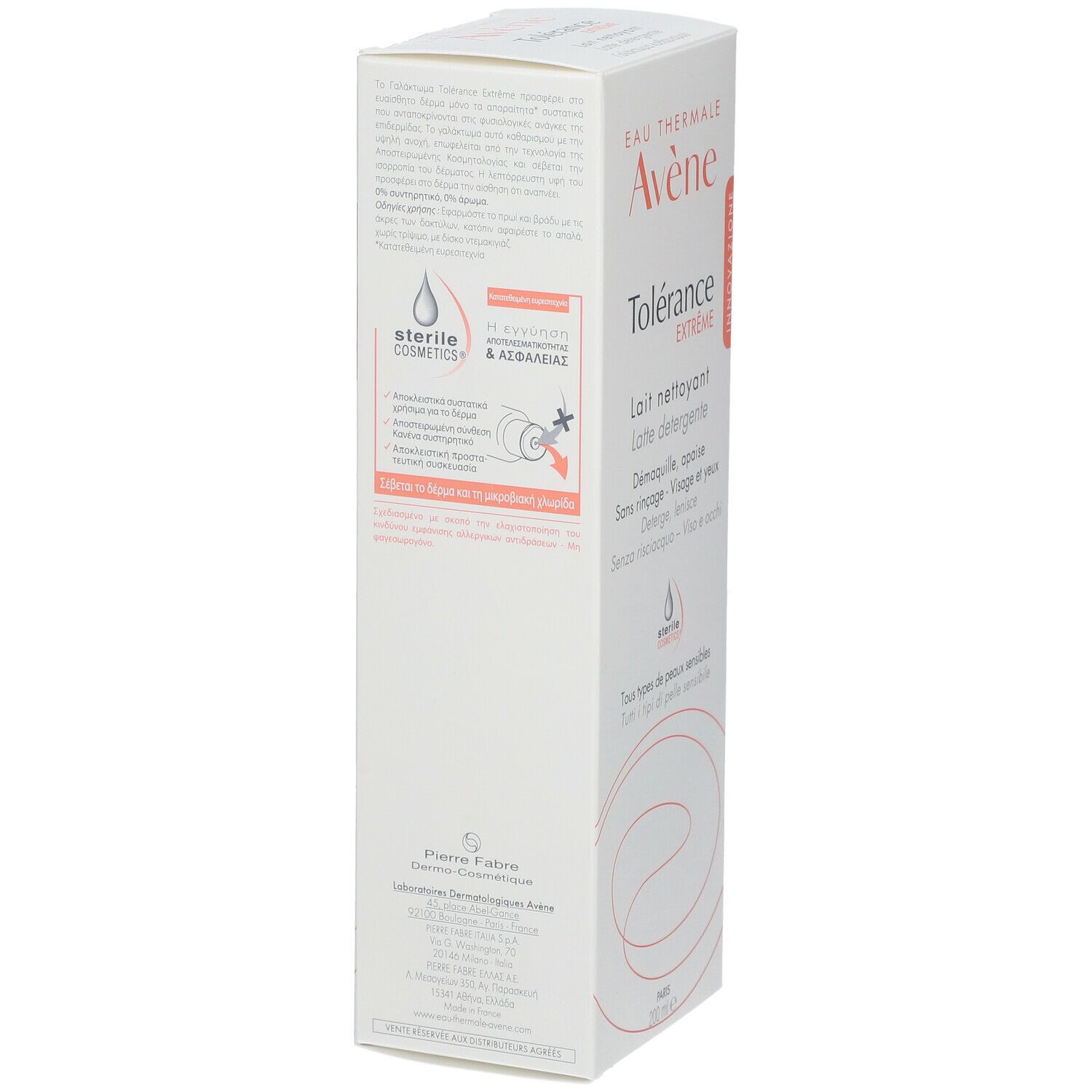 Kartonverpackung mit Avène Tolérance Extrême Reinigungsmilch. Details und Zertifizierungen.
