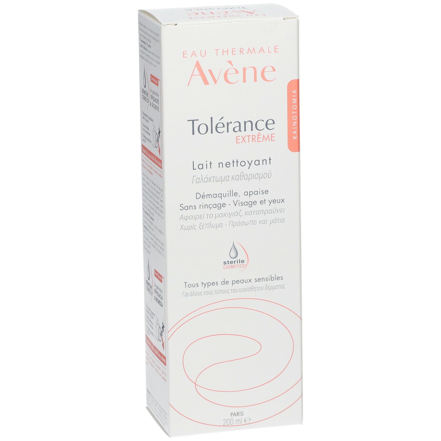 Kartonverpackung mit Avène Tolérance Extrême Reinigungsmilch. Griechische Übersetzung.