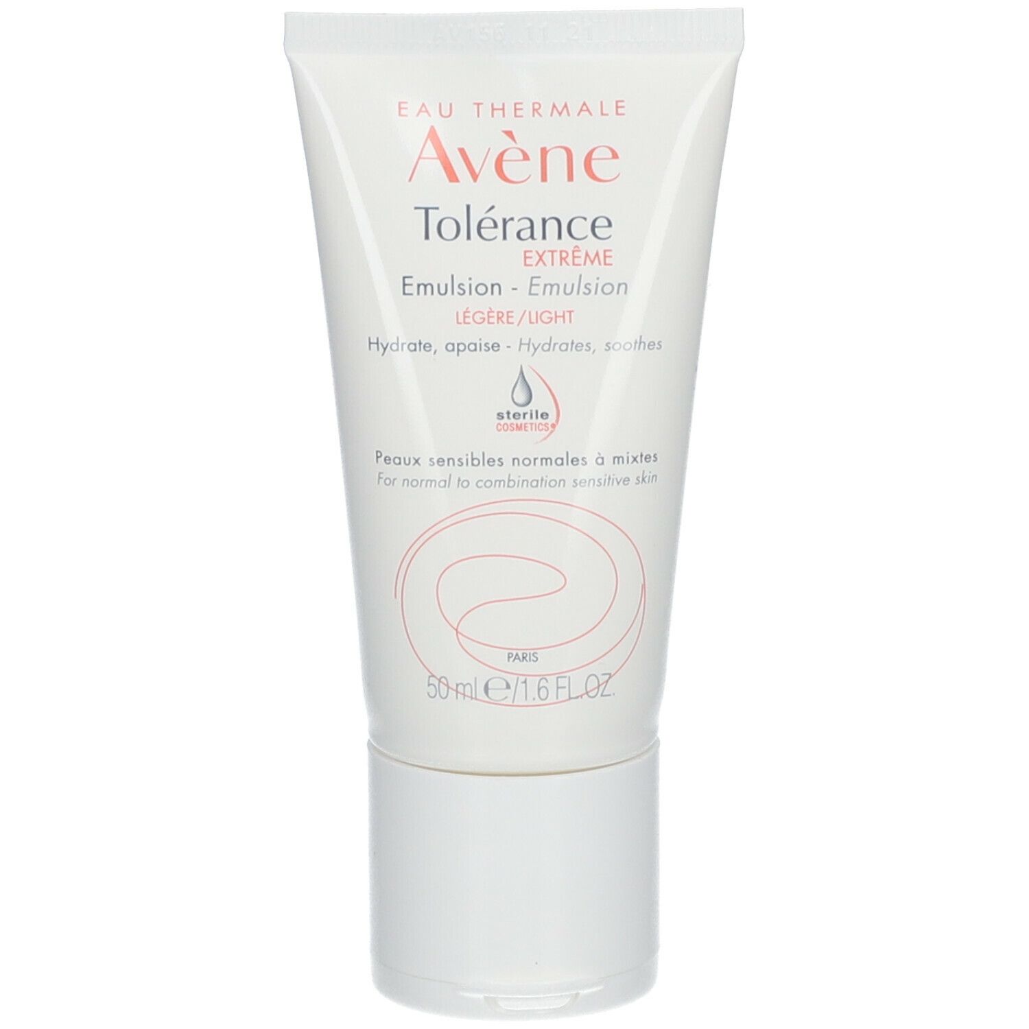 Avene Tolérance Extrême-Emulsion Tube. Weißer Tube mit Produktnamen und Logo. Sterile Kosmetik.