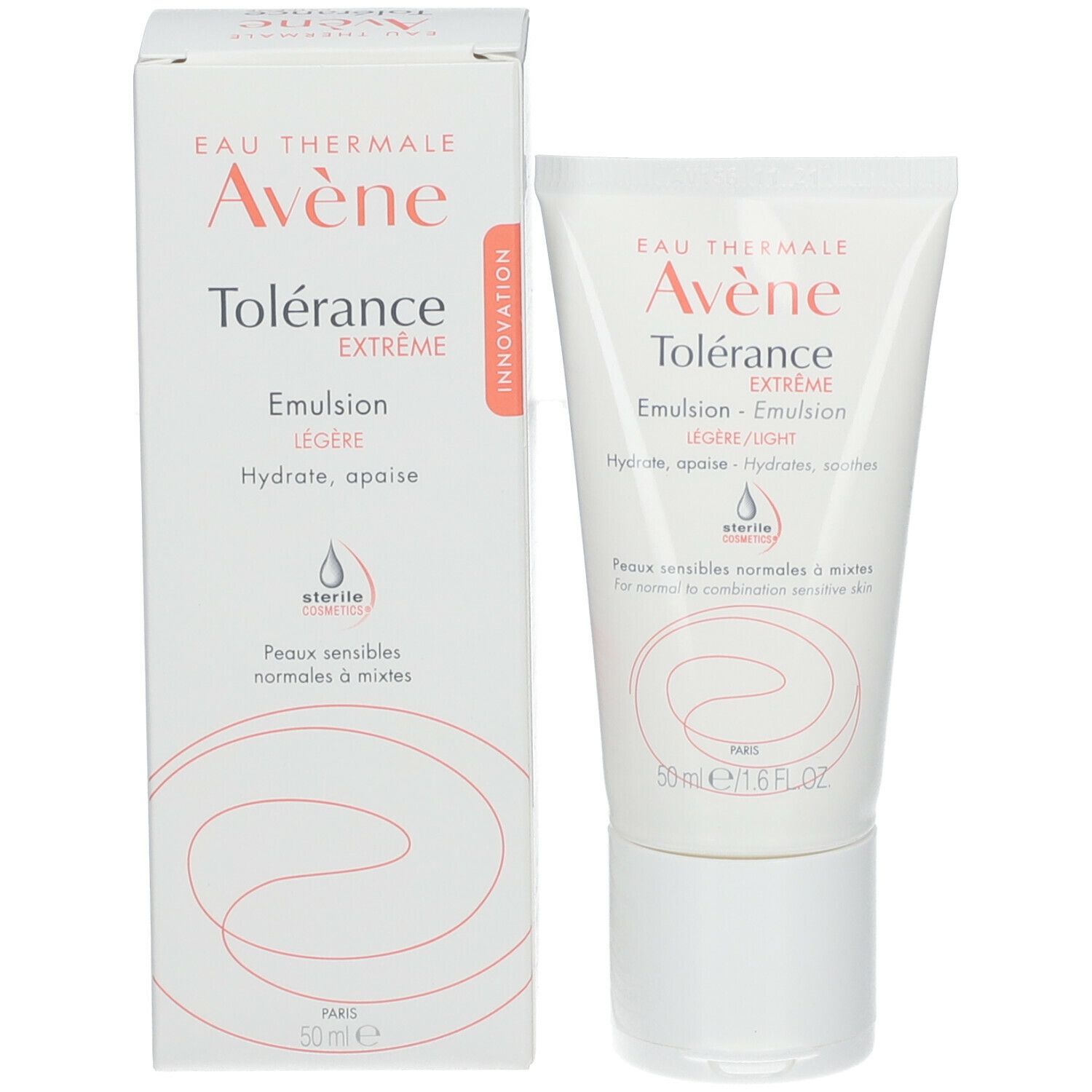 Avene Tolérance Extrême-Emulsion Tube und Karton. Weiße Verpackung mit Produktnamen und Logo. Sterile Kosmetik.