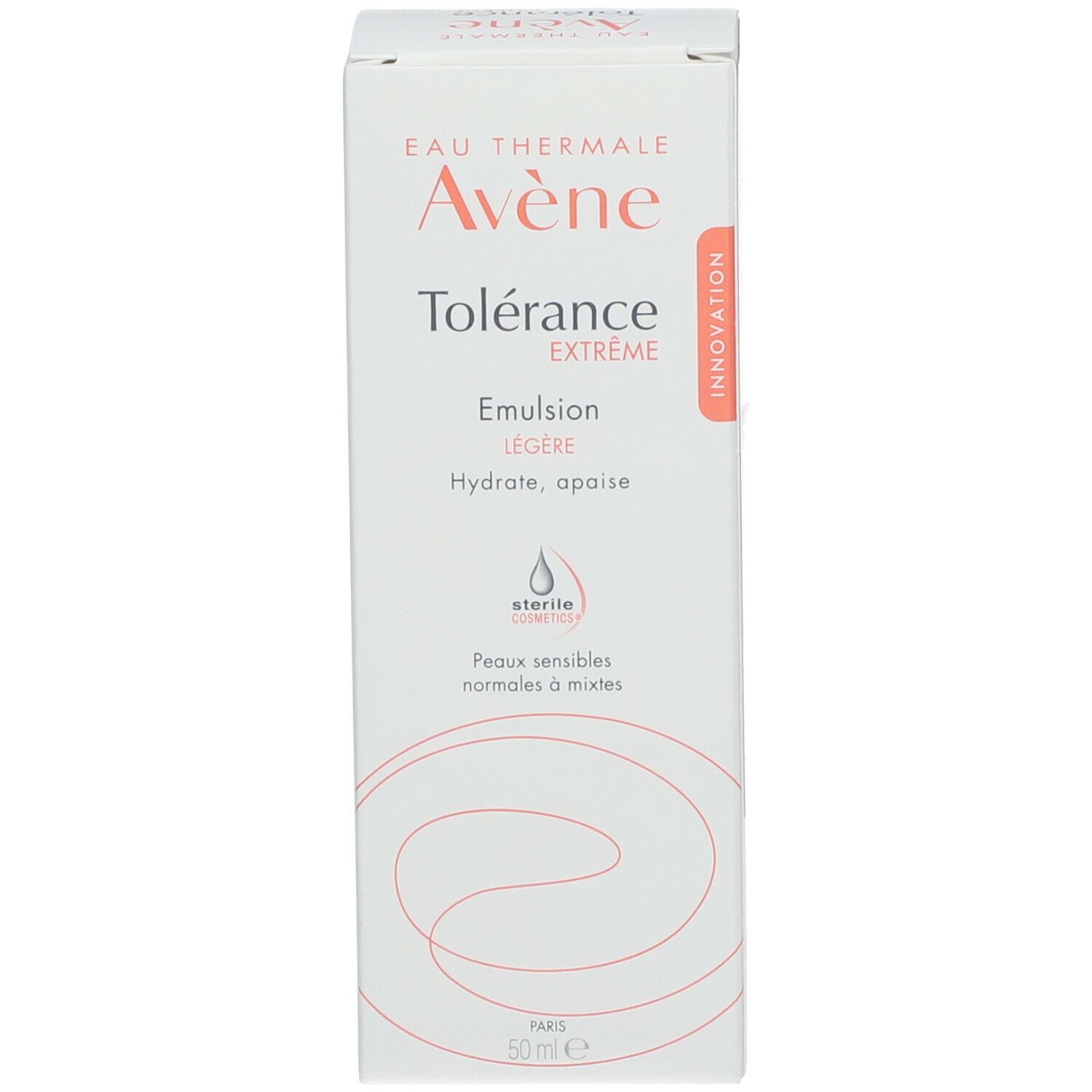 Avene Tolérance Extrême-Emulsion Karton. Weiße Verpackung mit Produktnamen und Logo. Sterile Kosmetik.