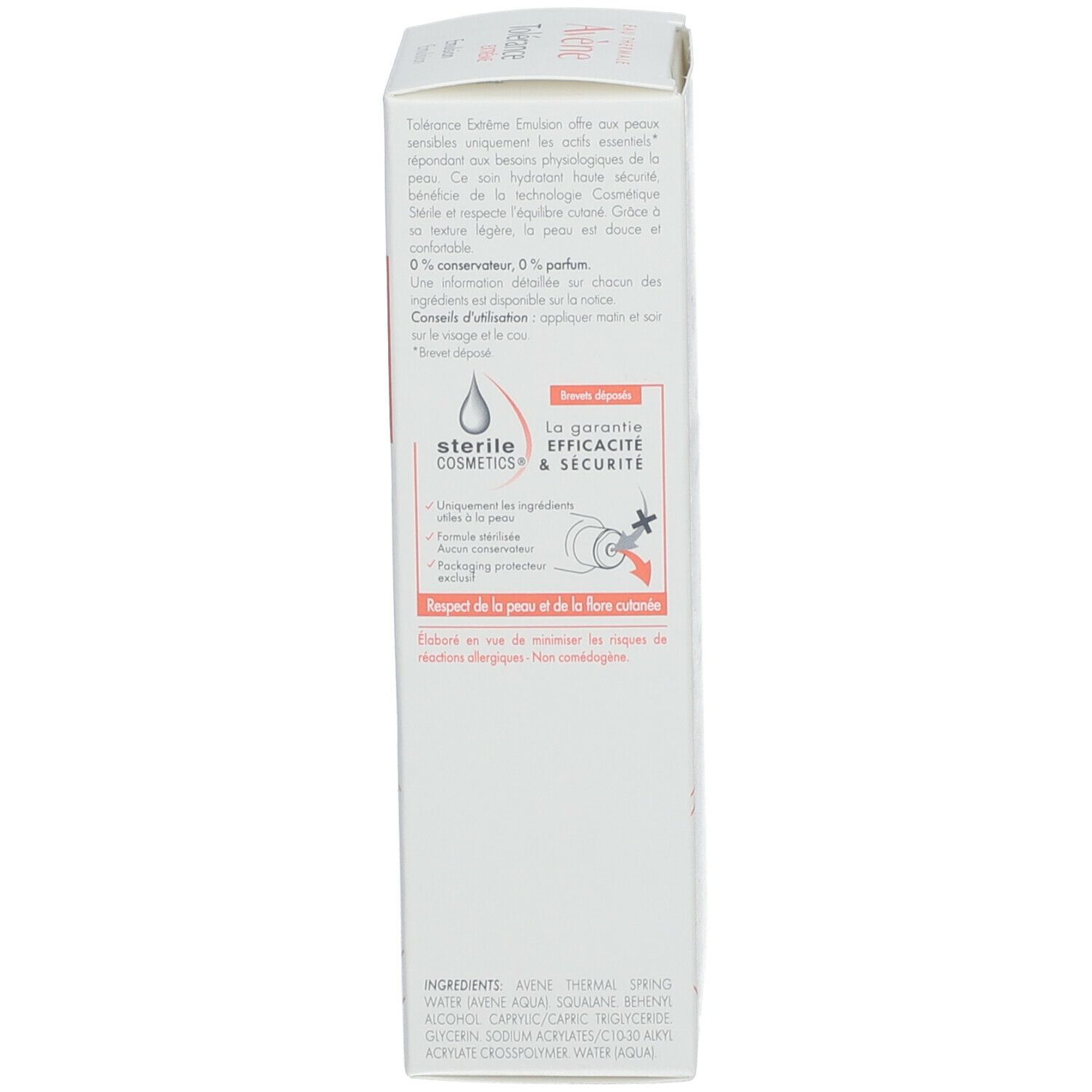 Rückseite der Avene Tolérance Extrême-Emulsion-Verpackung. Text und Logos. Sterile Kosmetik.
