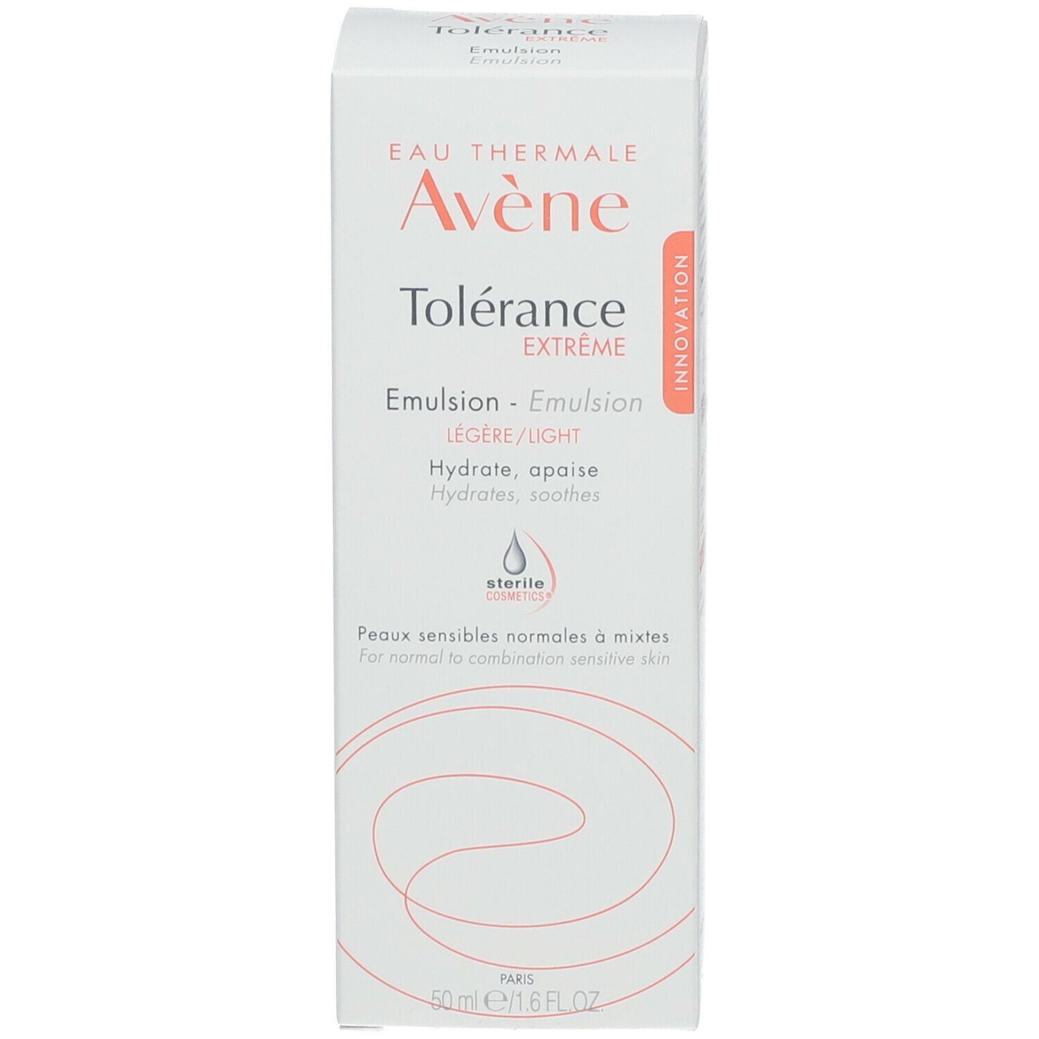 Avene Tolérance Extrême-Emulsion Karton. Weiße Verpackung mit Produktnamen und Logo. Sterile Kosmetik.