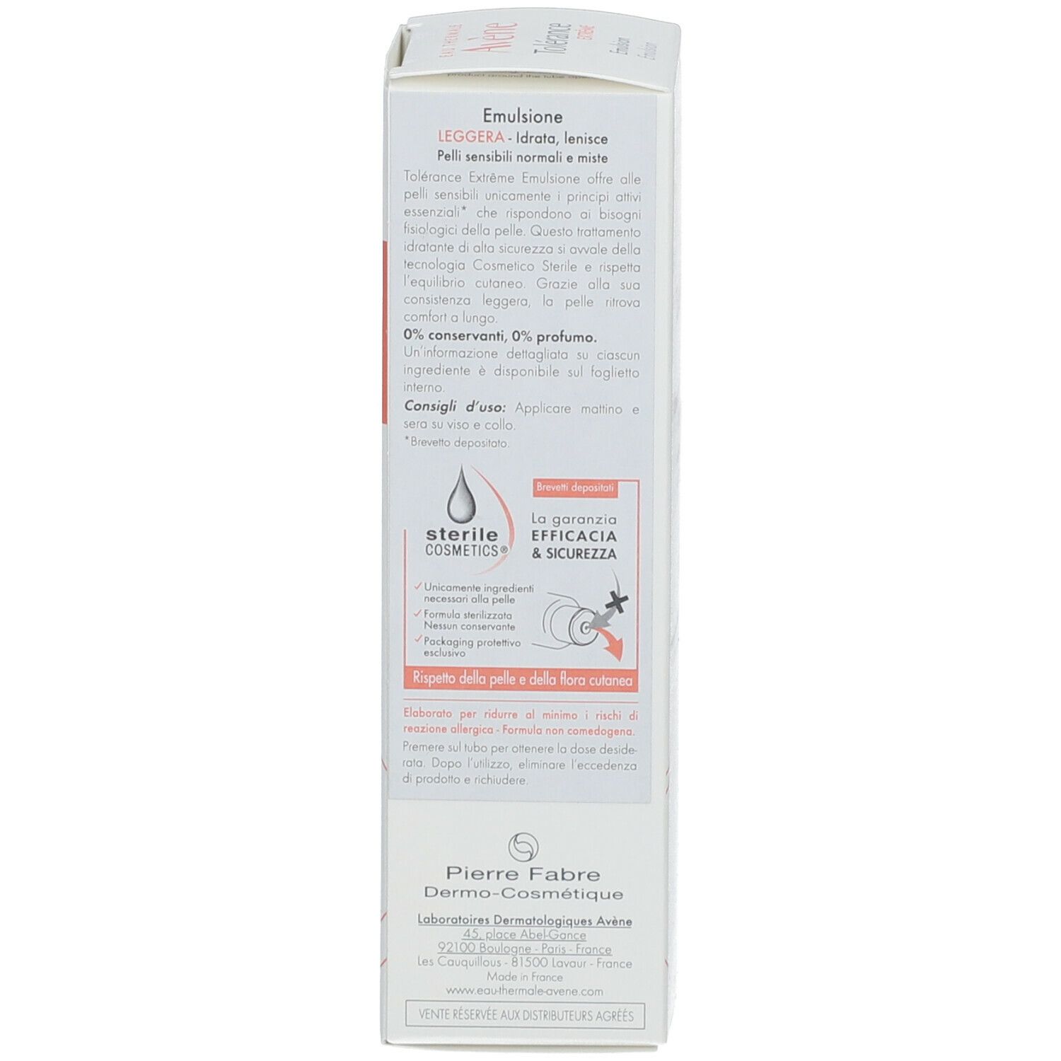 Rückseite der Avene Tolérance Extrême-Emulsion-Verpackung. Text und Logos. Sterile Kosmetik.