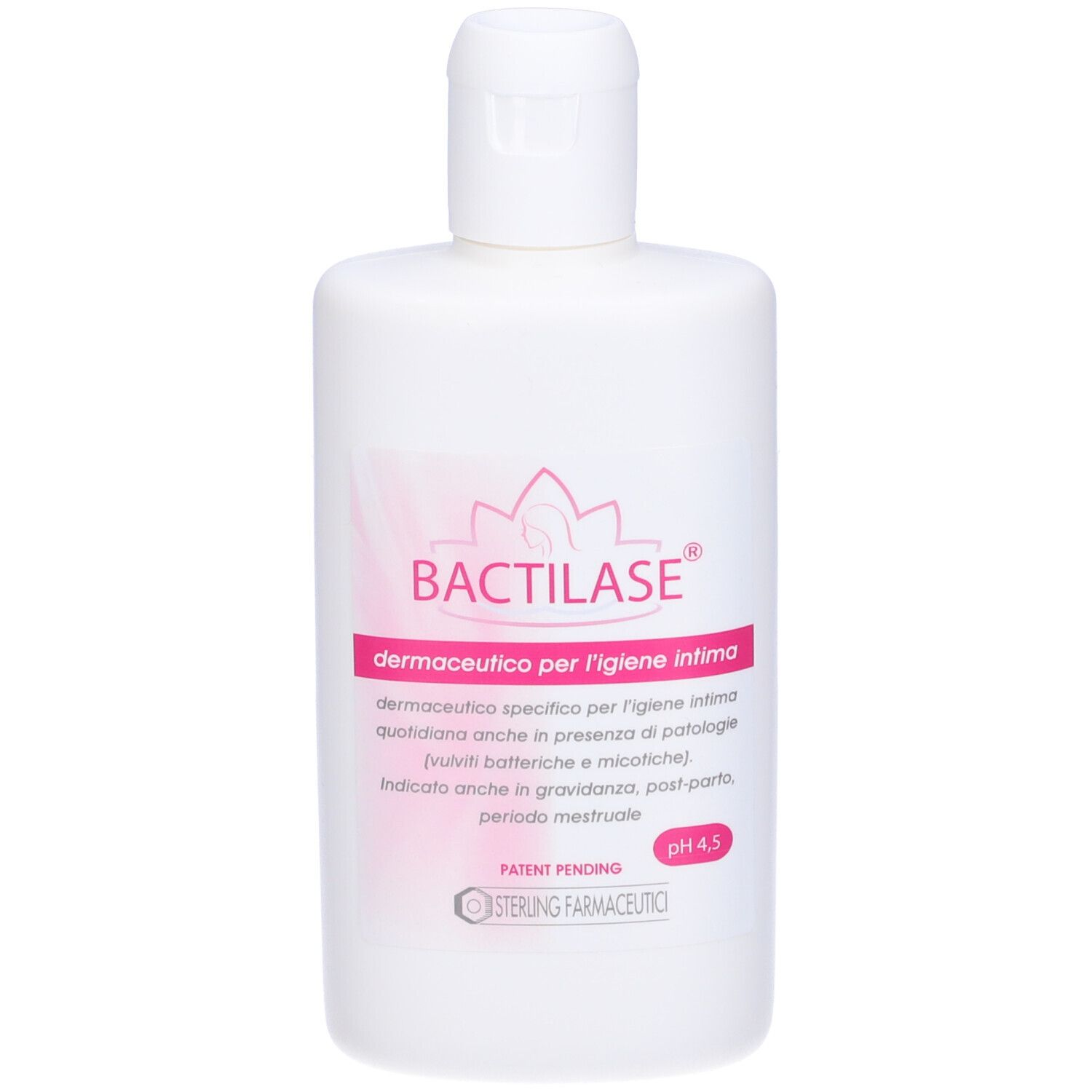 Flacone bianco con etichetta rosa. Scritta: BACTILASE, dermaceutico per l'igiene intima. pH 4,5.
