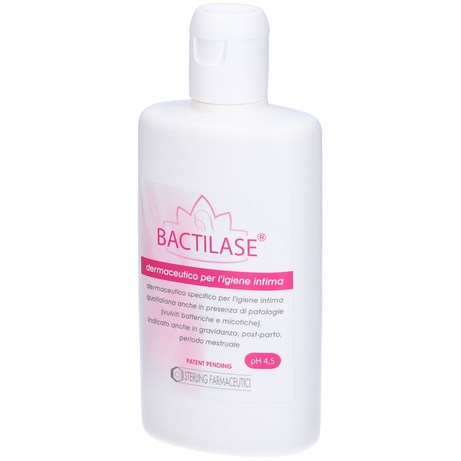Flacone bianco con etichetta rosa. Scritta: BACTILASE, dermaceutico per l'igiene intima. pH 4,5.