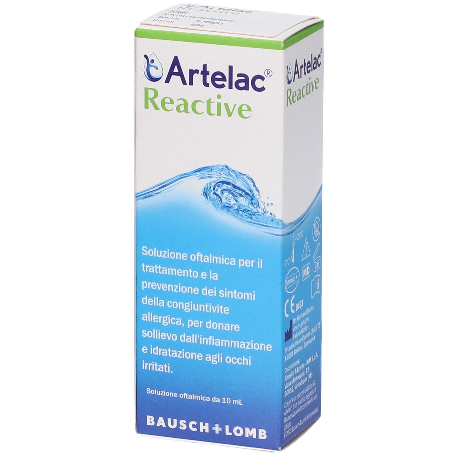 Artelac Reactive, Augentropfen-Verpackung. Blaue Wellen-Grafik. Text: Soluzione oftalmica, Bausch + Lomb.