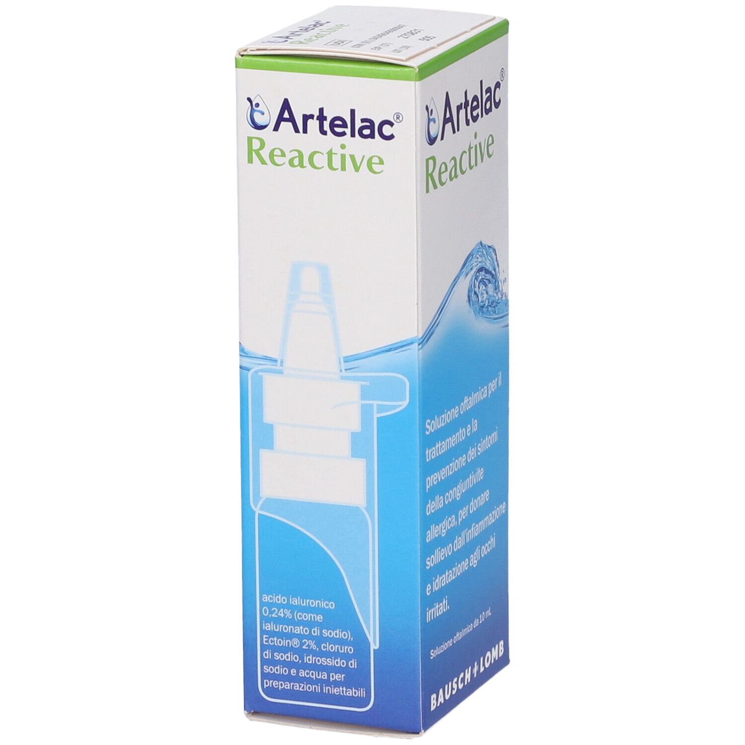 Artelac Reactive-Verpackung mit Produktabbildung. Blaue Grafik. Text: Inhaltsstoffe, Bausch + Lomb.