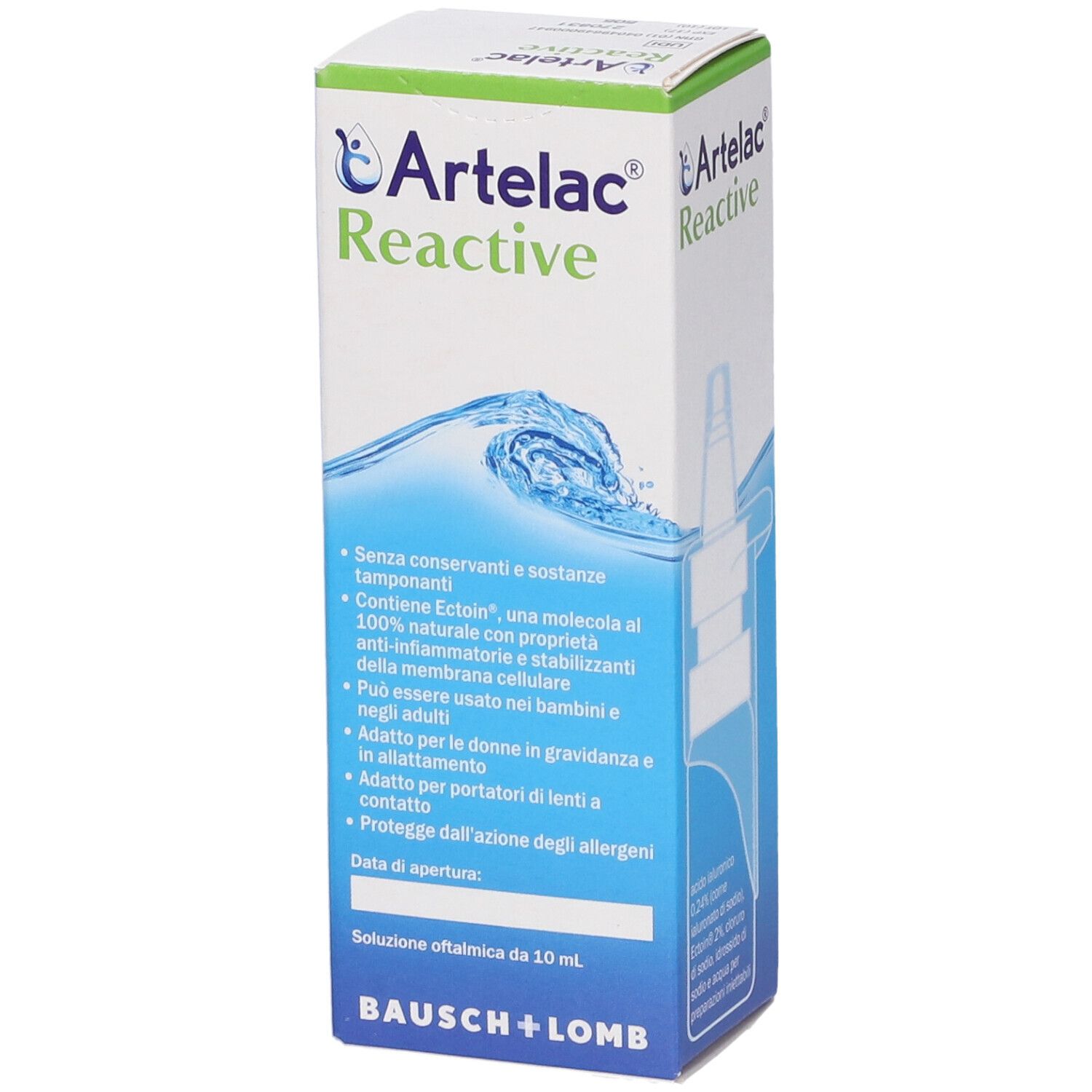 Artelac Reactive-Verpackung. Text: Ohne Konservierungsstoffe, für Schwangere und Stillende geeignet, Bausch + Lomb.