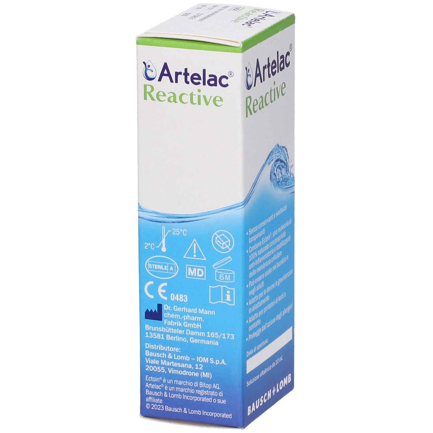 Artelac Reactive-Verpackung. Text: Sterile A, MD, CE-Kennzeichnung, Herstellerinformationen, Bausch + Lomb.