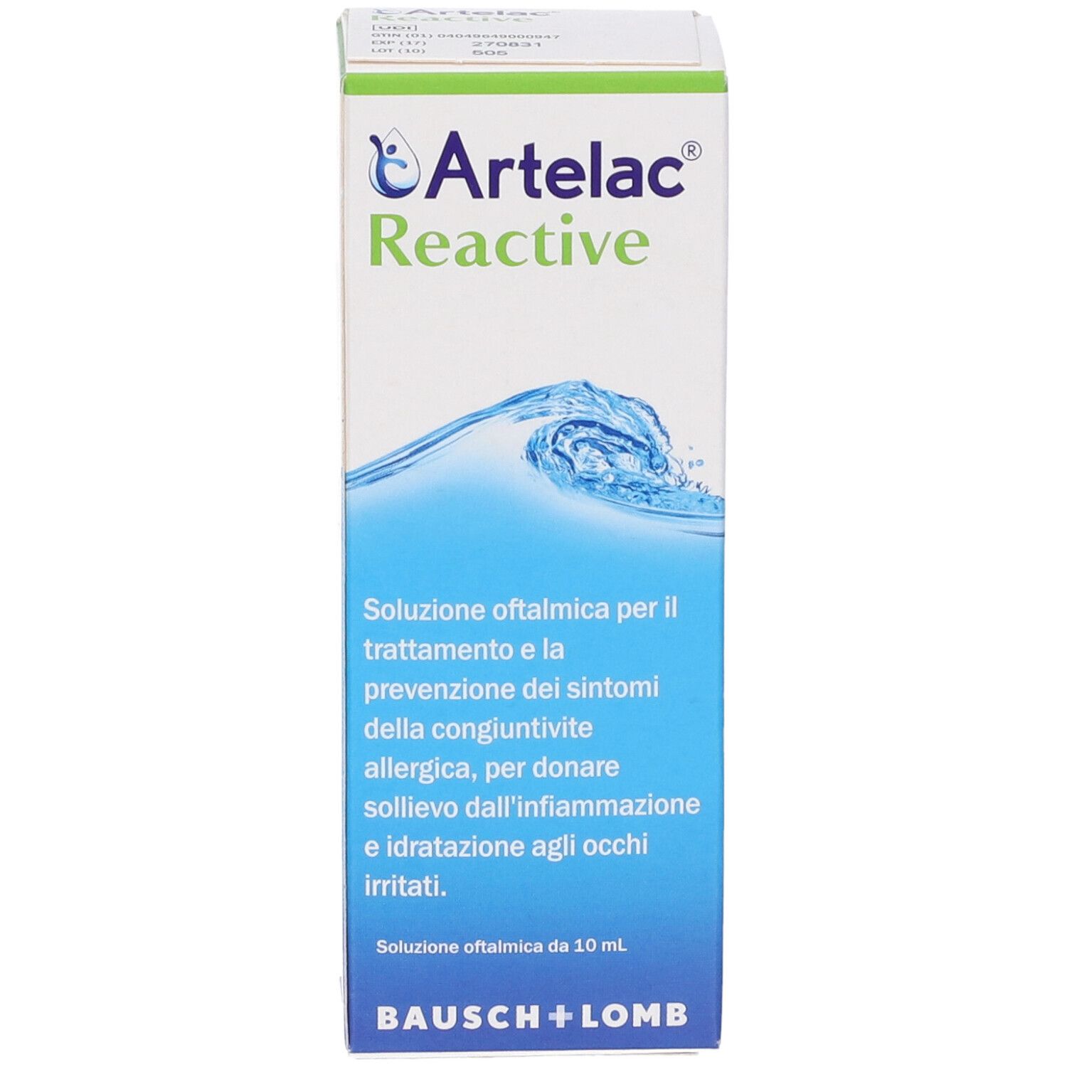 Artelac Reactive-Verpackung. Blaue Wellen-Grafik. Text: Soluzione oftalmica, Bausch + Lomb.