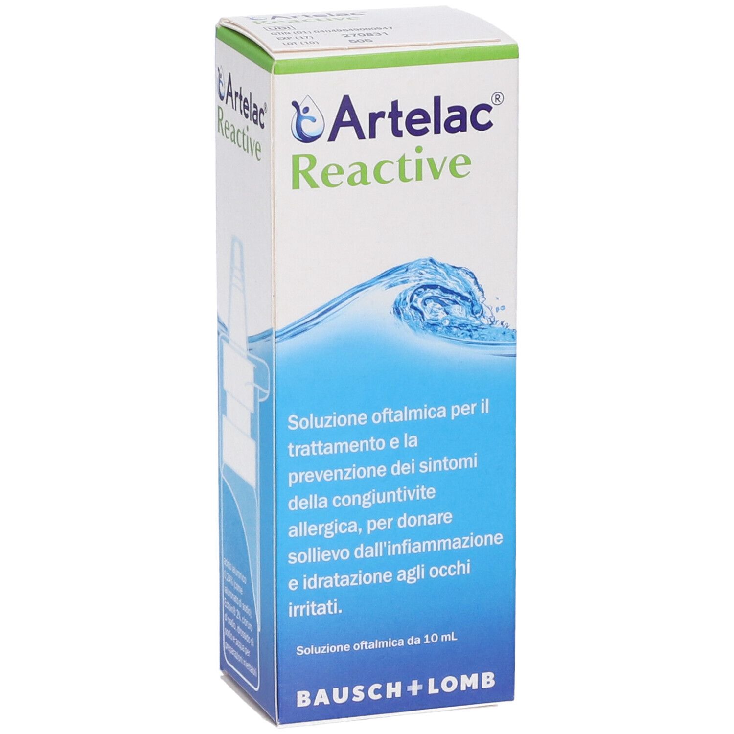 Artelac Reactive-Verpackung mit Produktabbildung. Blaue Grafik. Text: Soluzione oftalmica, Bausch + Lomb.