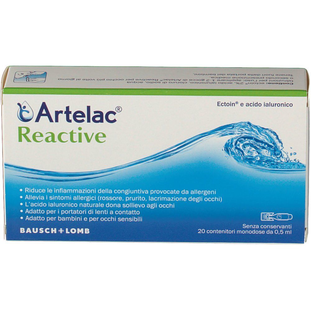 Verpackung für 'Artelac Reactive' Augentropfen mit Ectoin und Hyaluronsäure. 20 Einzeldosisbehälter.