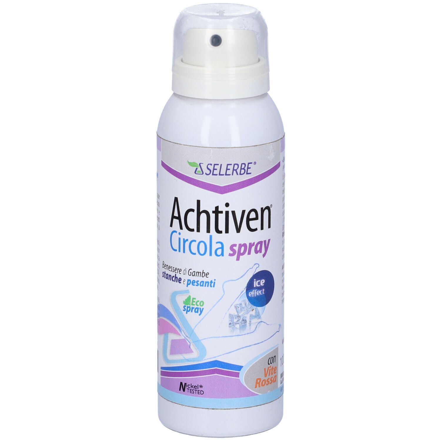 Spray bianco con scritta Achtiven Circola Spray. Con erogatore e logo. Scritta: ice effect.